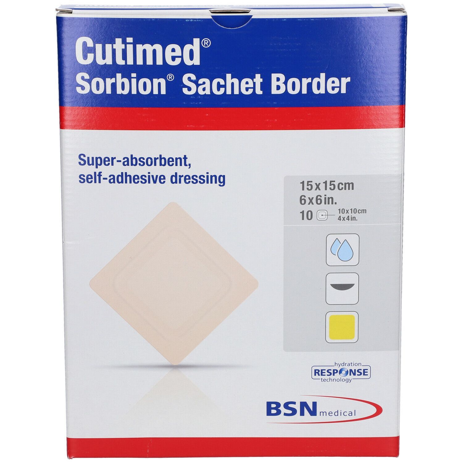 Cutimed Sorbion Sachet Border Verpackung. Box mit Produktabbildung und Informationen. BSN medical Logo. Größe: 15x15cm.
