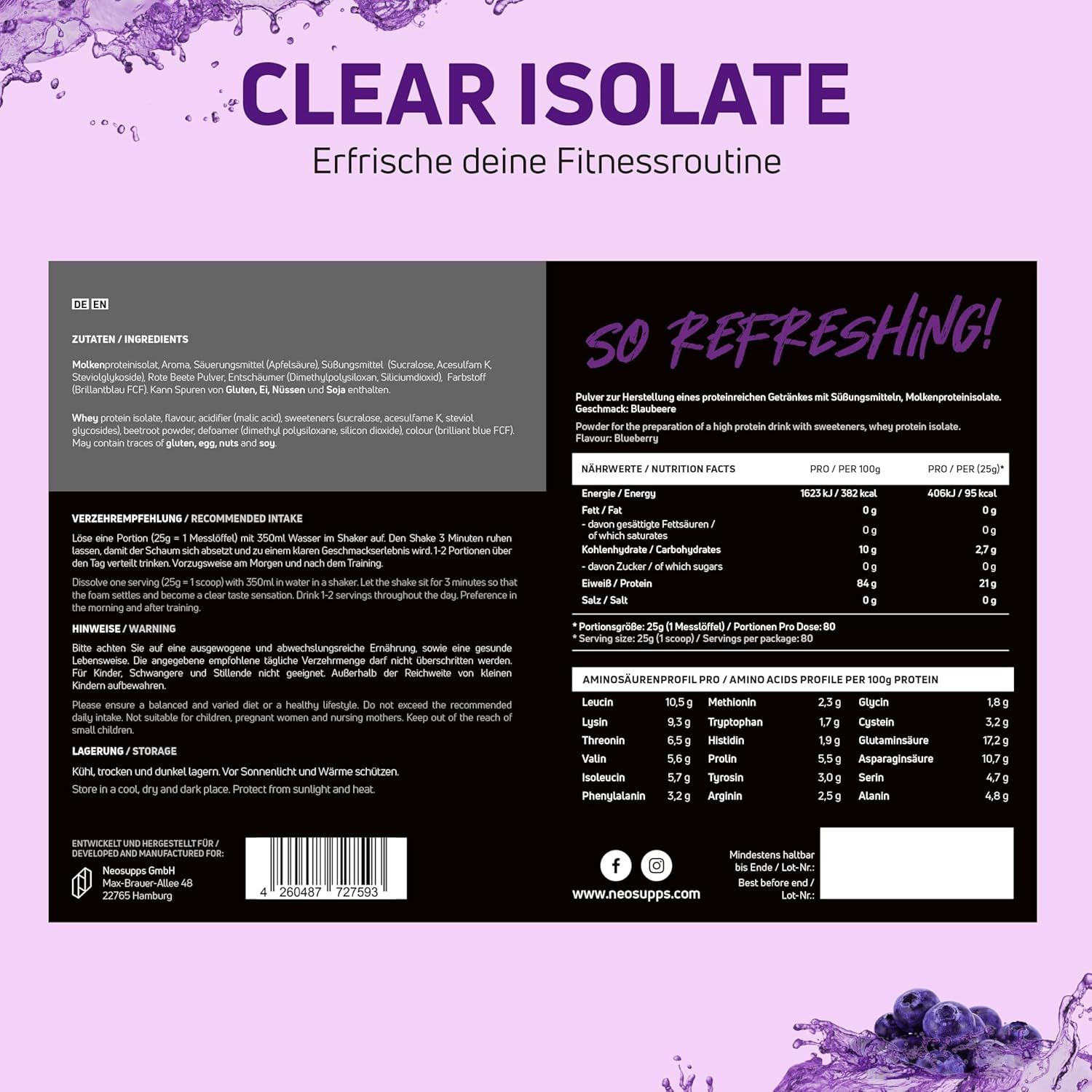 Neosupps Clear Whey Isolat Protein Pulver, 2000g, Blueberry, Eiweißpulver