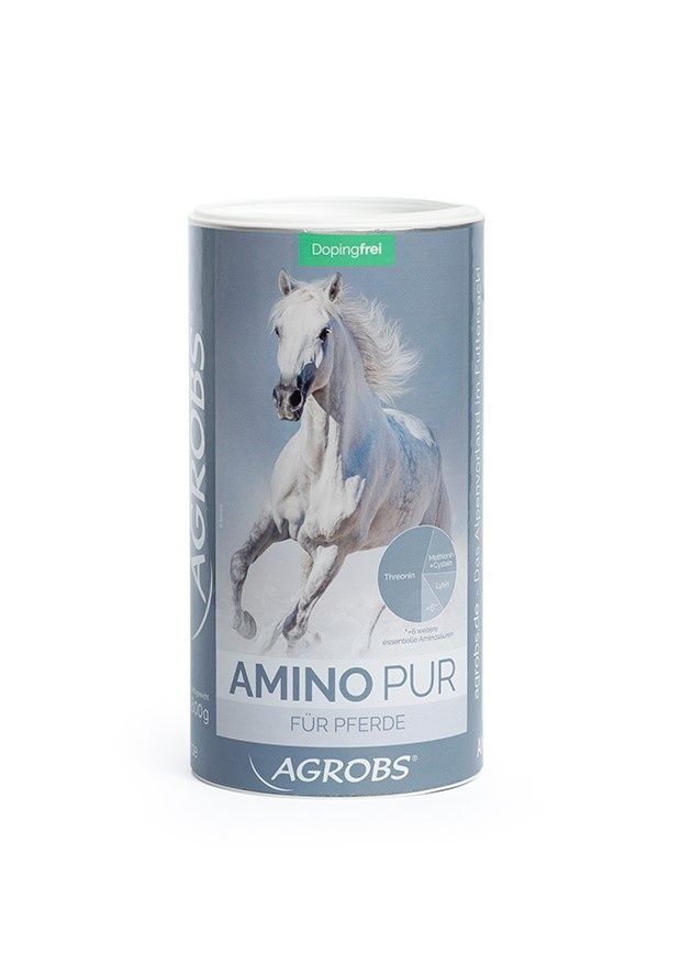 Dose Agrobs Amino Pur für Pferde, mit Bild eines galoppierenden Pferdes. Dopingfrei.