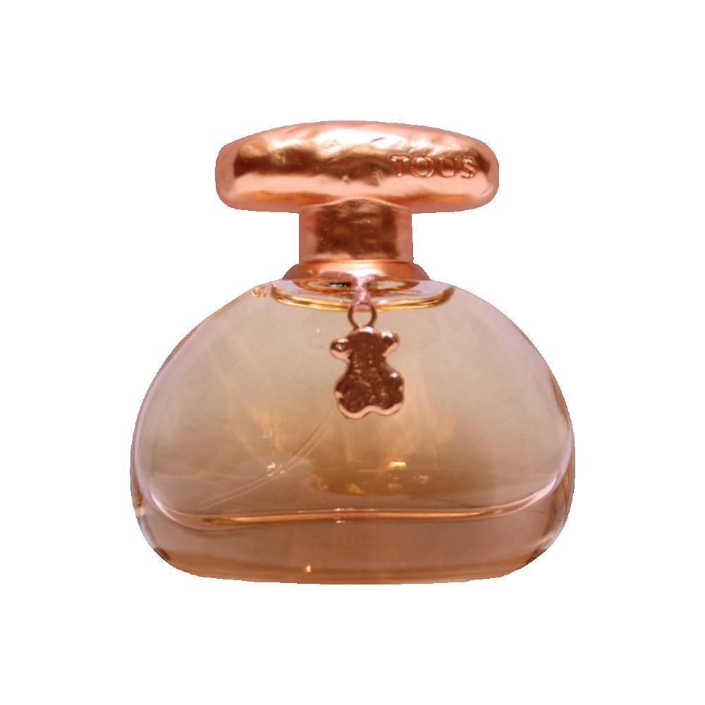 Runder, goldfarbener Flakon mit goldfarbenem Verschluss. Anhänger mit Bärenmotiv. Marke TOUS.