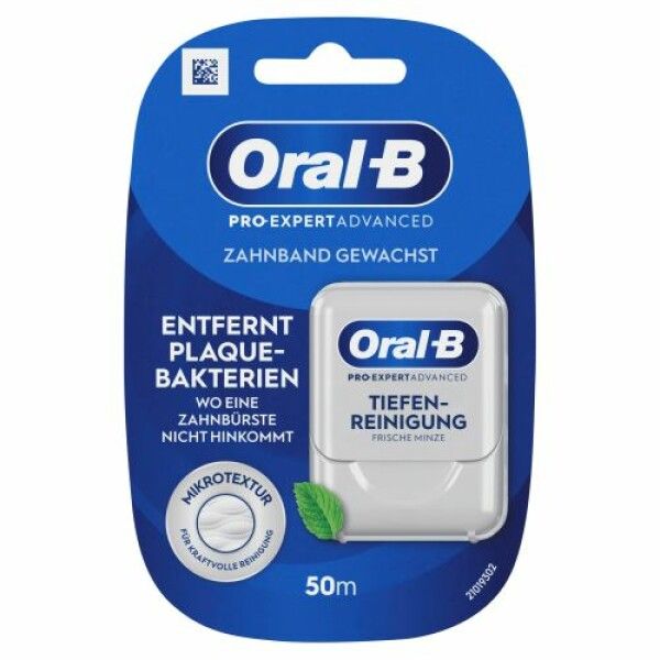 Verpackung mit Oral-B Pro-Expert Advanced Zahnseide. Blaue Verpackung mit Produkt- und Markenlogos. Enthält 50m Zahnseide.