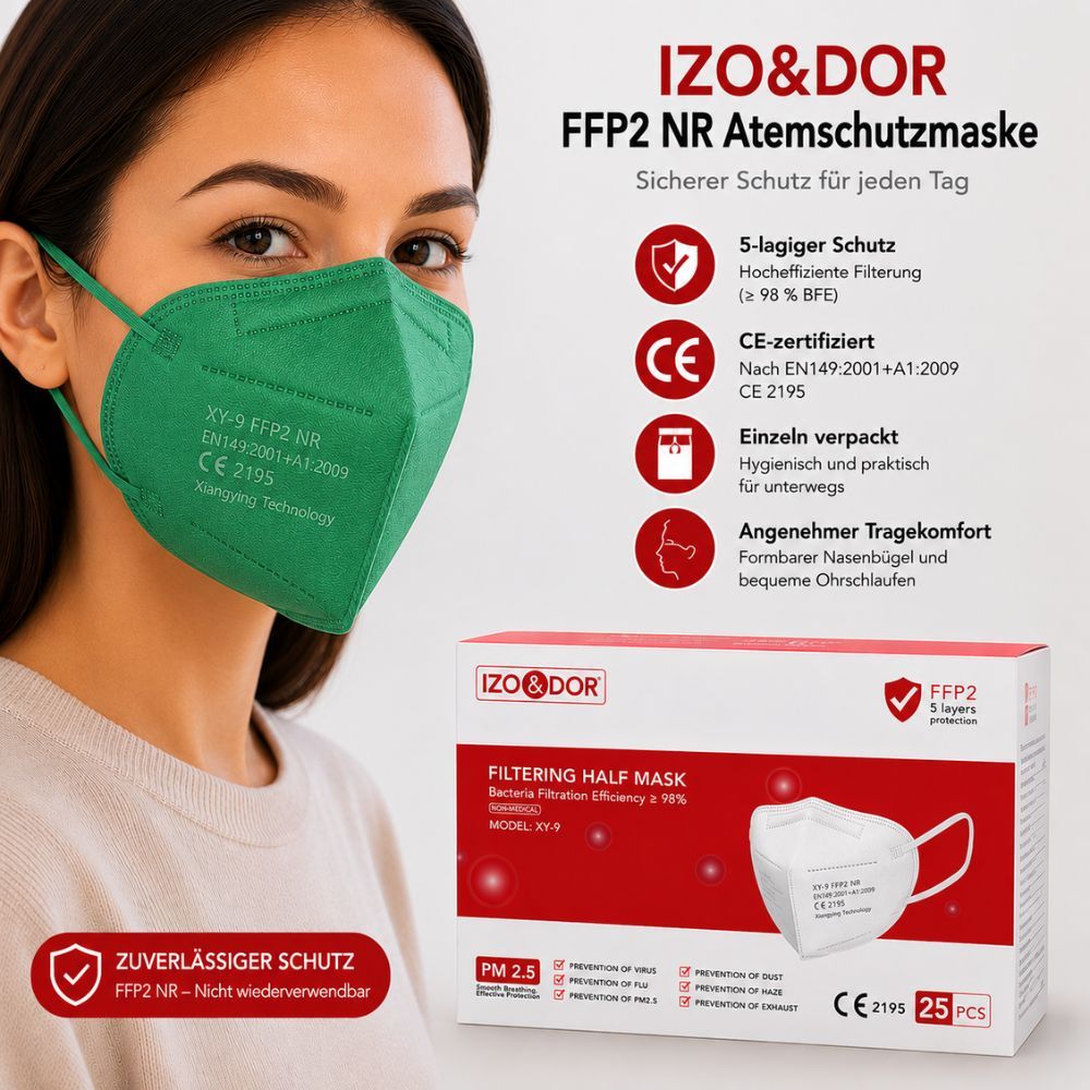 Frau trägt grüne FFP2-Maske. Verpackung daneben zeigt 5-lagigen Schutz, CE-Zertifizierung.