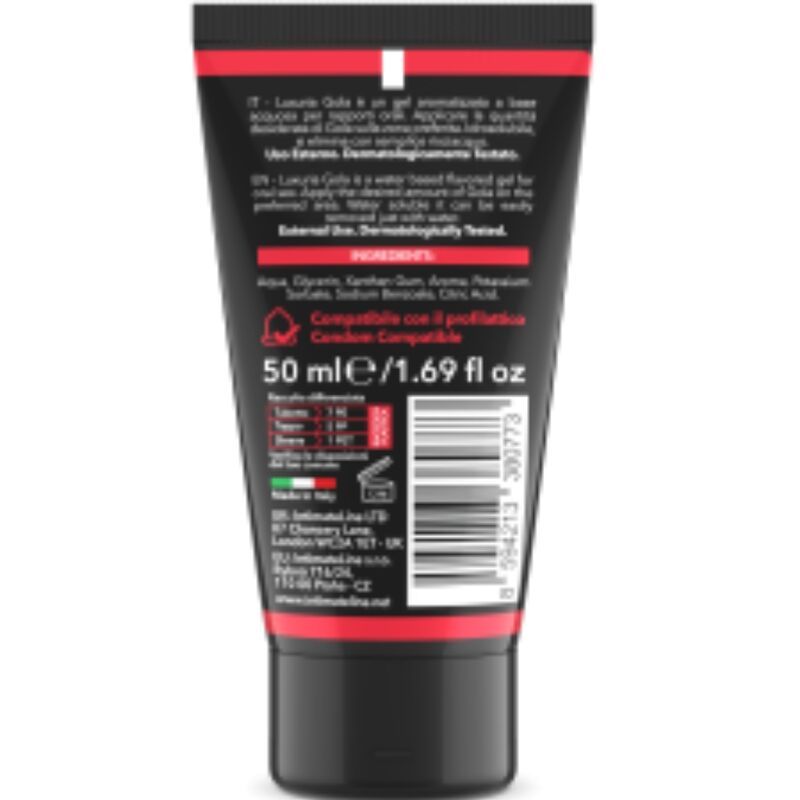 Schwarze Tube mit roter Schrift. Text: "Intimateline", "50 ml/1.69 fl oz", Inhaltsstoffe. Kompatibel mit Kondomen. Dermatologisch getestet.