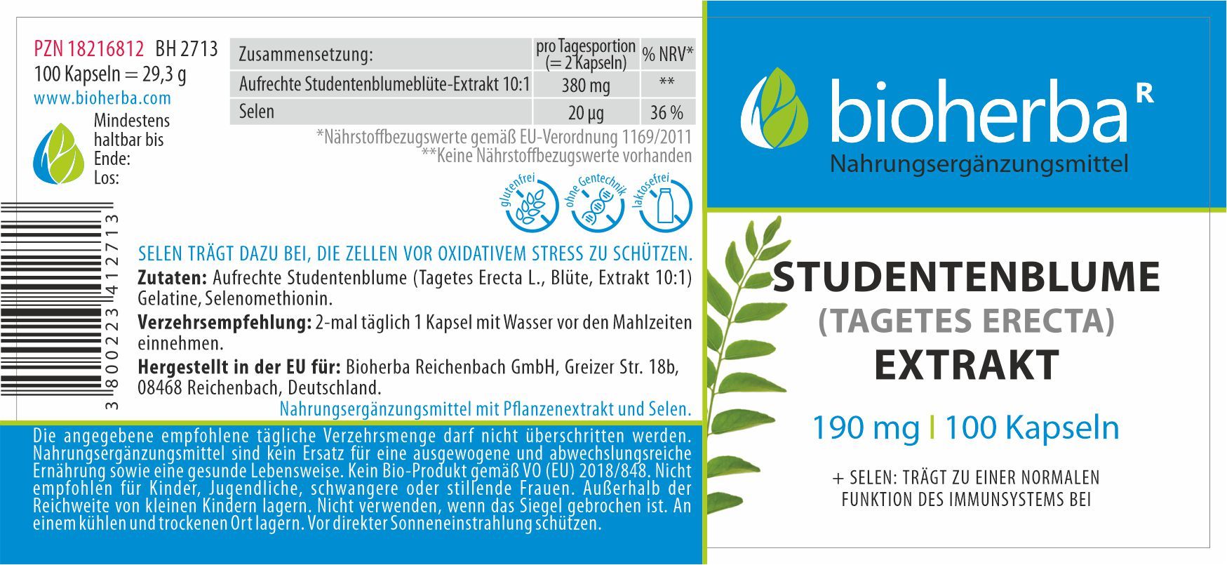 Etikett mit "bioherba" Logo und "Studentenblume (Tagetes Erecta) Extrakt". Enthält 100 Kapseln. Text über Inhaltsstoffe und Anwendung.