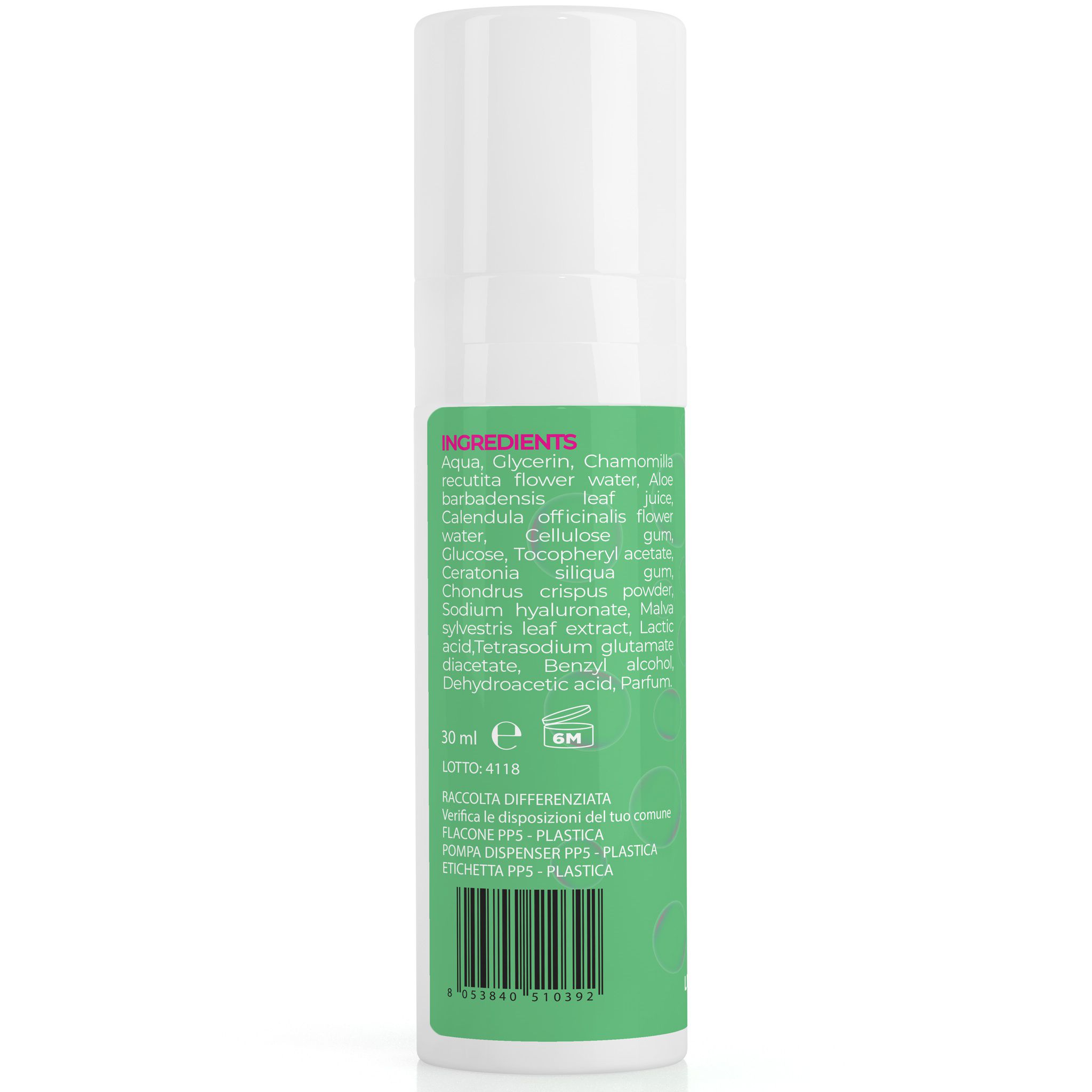 Zylindrische Flasche mit weißem Deckel. Grün bedruckte Rückseite mit Inhaltsstoffen in englischer Sprache. 30 ml.