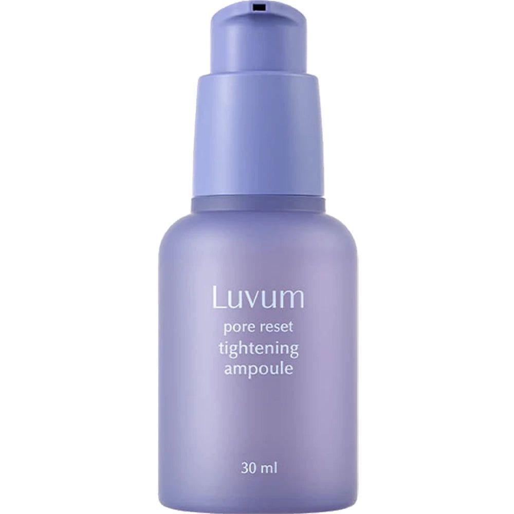 Violette Flasche mit Pumpe. Aufschrift: "Luvum pore reset tightening ampoule". Unten steht "30 ml".