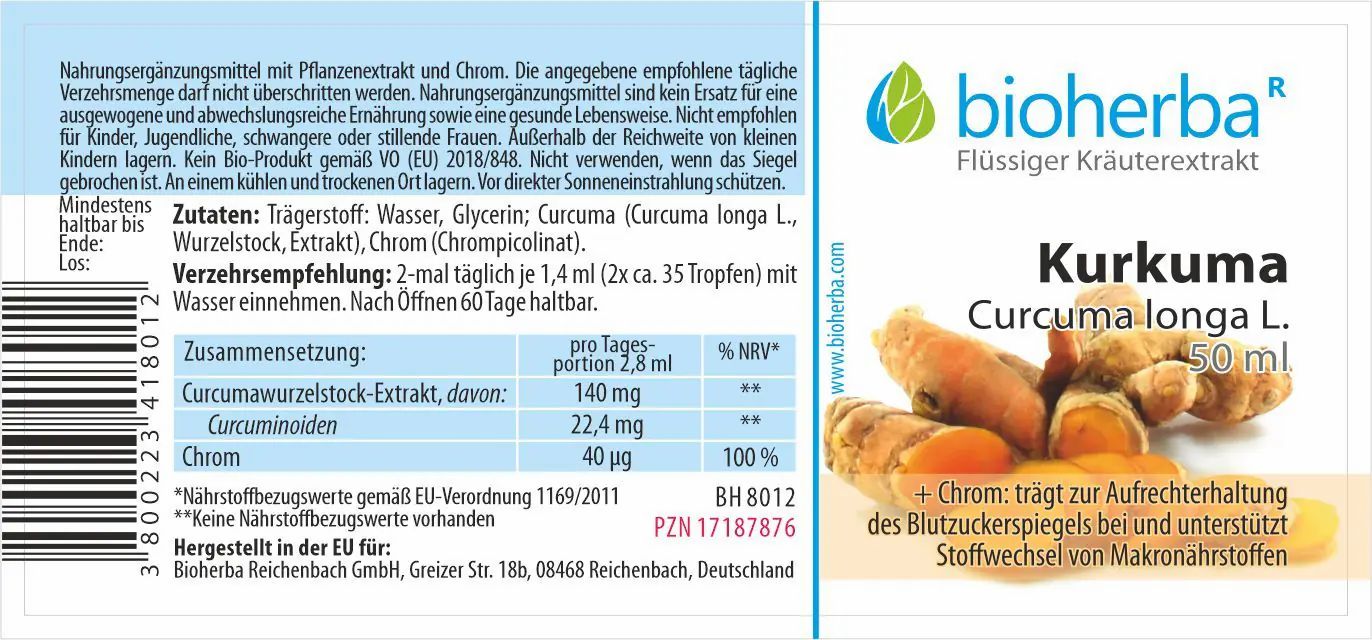 Etikett mit Produktnamen Kurkuma, Kräuterextrakt und Logo. Enthält Informationen zu Inhaltsstoffen und Dosierung. Abbildung von Kurkumawurzeln.