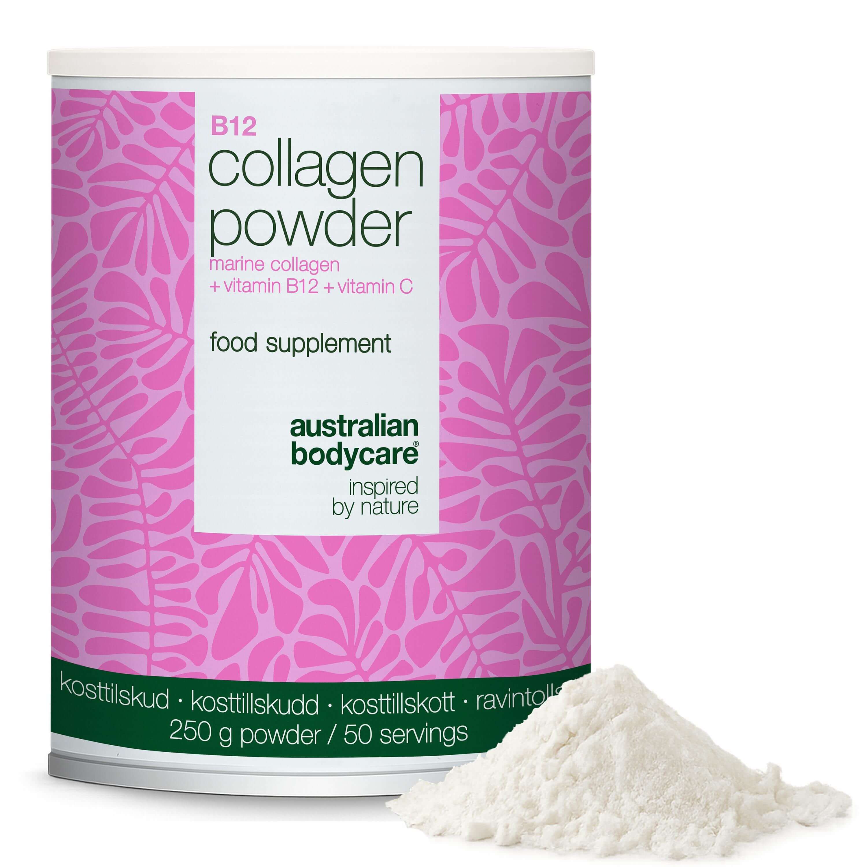 Dose Polvere di collagene Australian Bodycare mit Vitamin C und B12. Rosa-weißes Design. Pulverhaufen daneben.