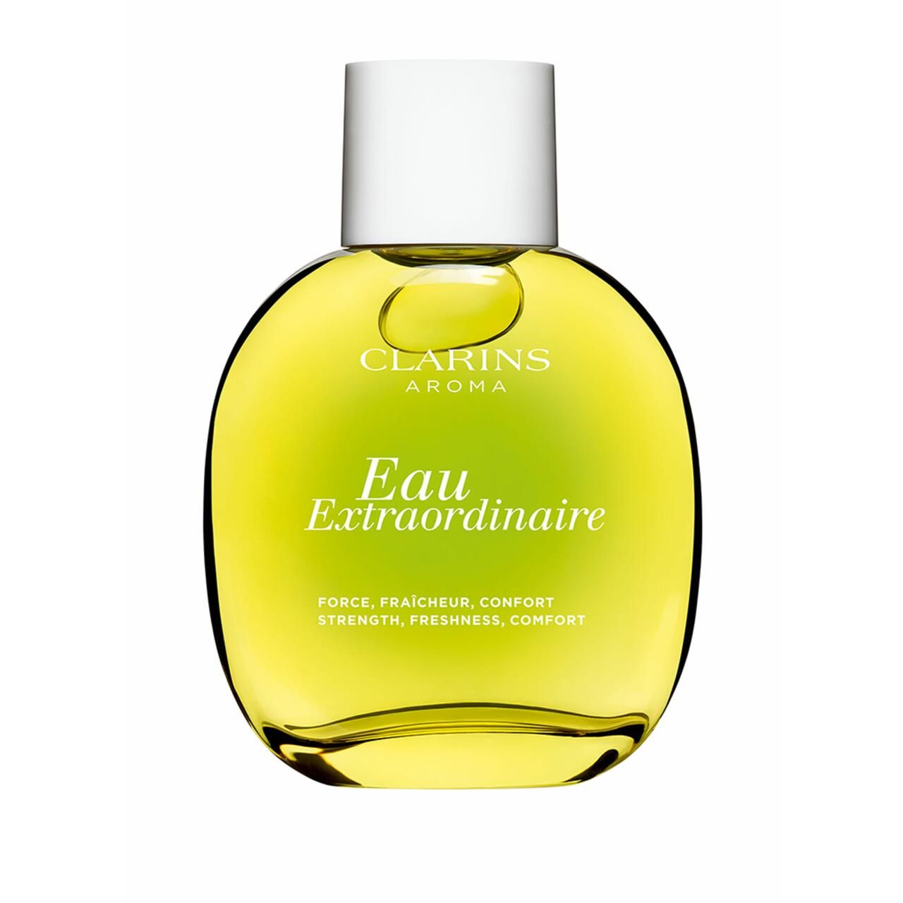 Runde Flasche mit gelber Flüssigkeit. Aufschrift: Clarins Aroma Eau Extraordinaire. Weiße Kappe.