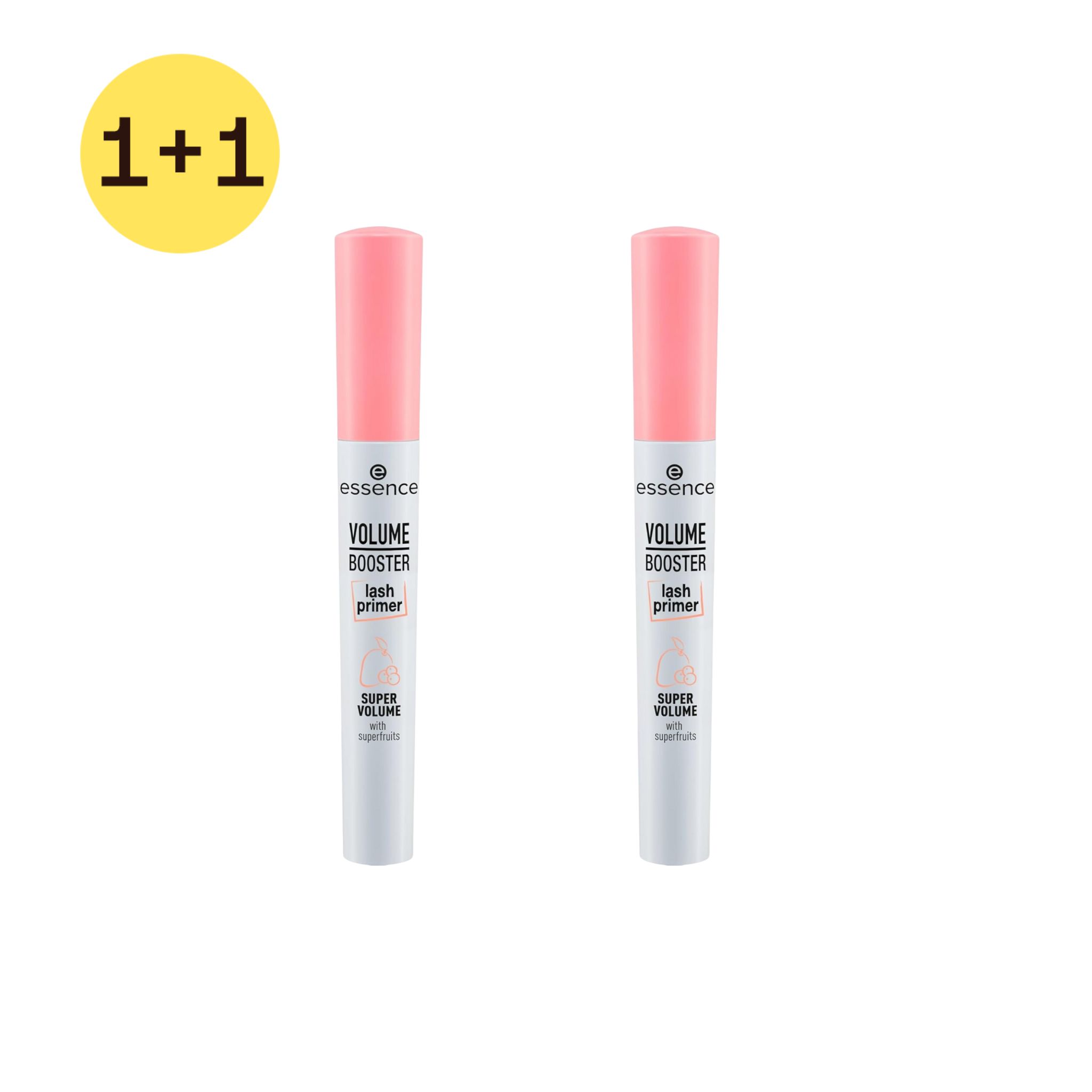Zwei Essence Volume Booster Lash Primer. Weiße Tuben mit rosa Griffen. Produktname und Marke deutlich sichtbar. 1+1 Angebot.