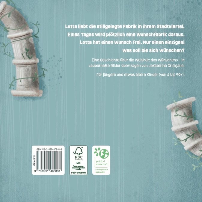 Buchrückseite: Text über "Lotta und die Wunschfabrik". FSC-Siegel. Barcode und ISBN-Nummer. Illustration von Rohren mit Ranken.
