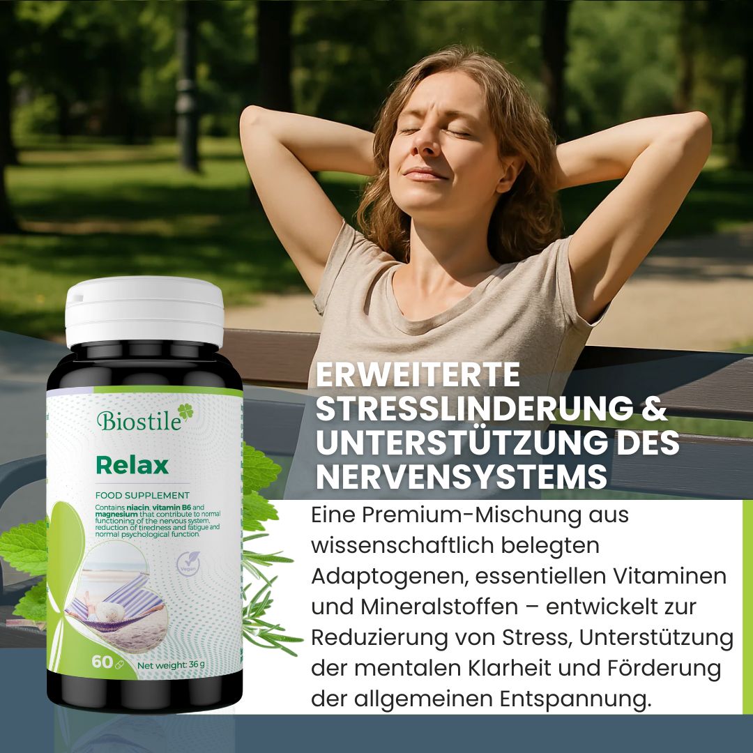 Biostile Relax Flasche neben einer entspannten Frau im Freien, mit Text über Stresslinderung.