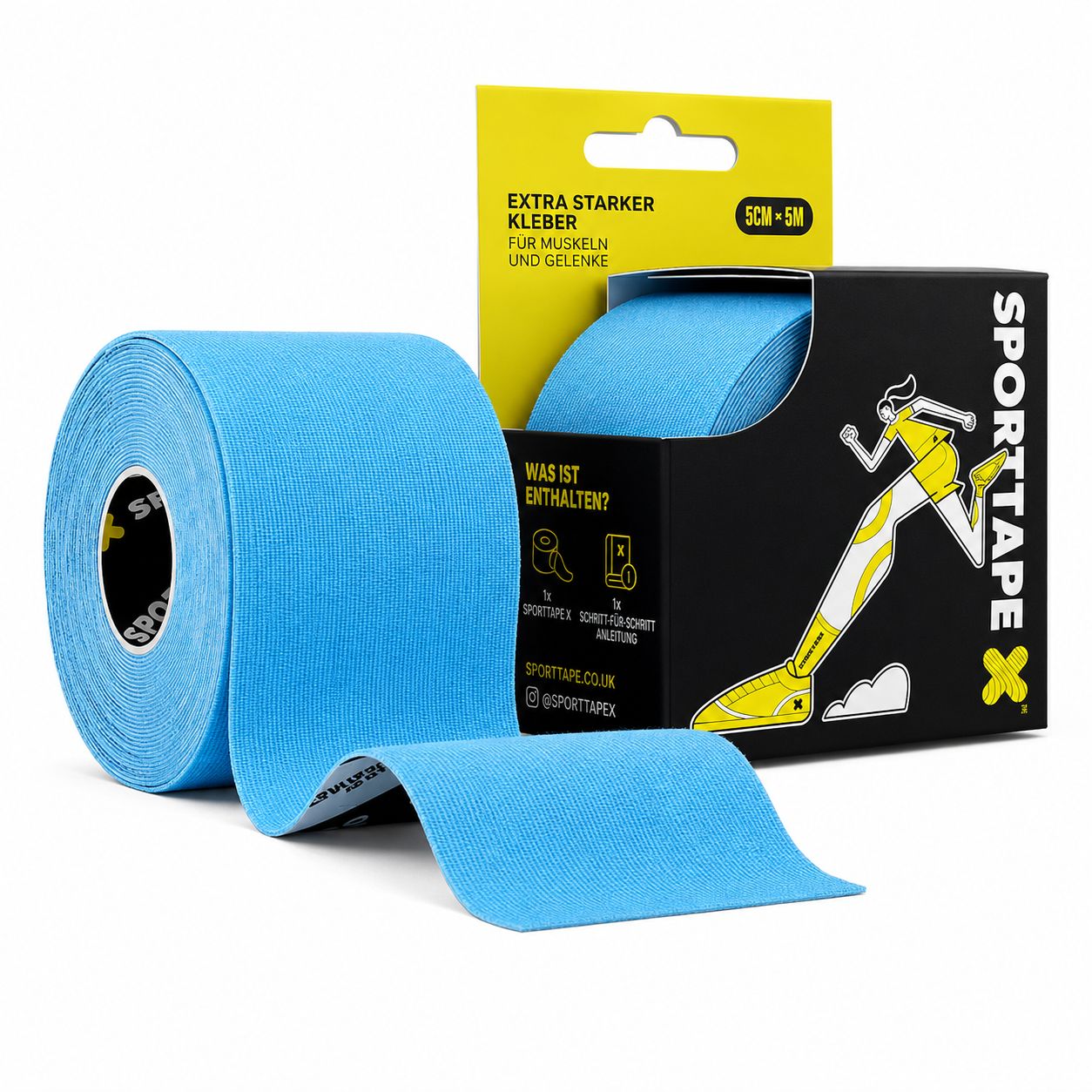 Eine Rolle blaues Kinesiologie-Tape und eine geöffnete Verpackung. Beschriftung: SPORTTAPE, Extra starker Kleber.