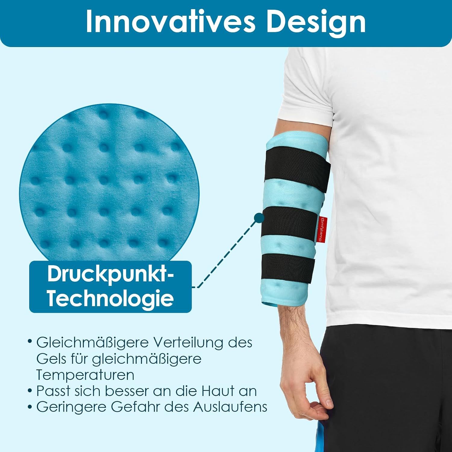 Blaue Kühlbandage mit Druckpunkt-Technologie am Ellbogen eines Mannes.