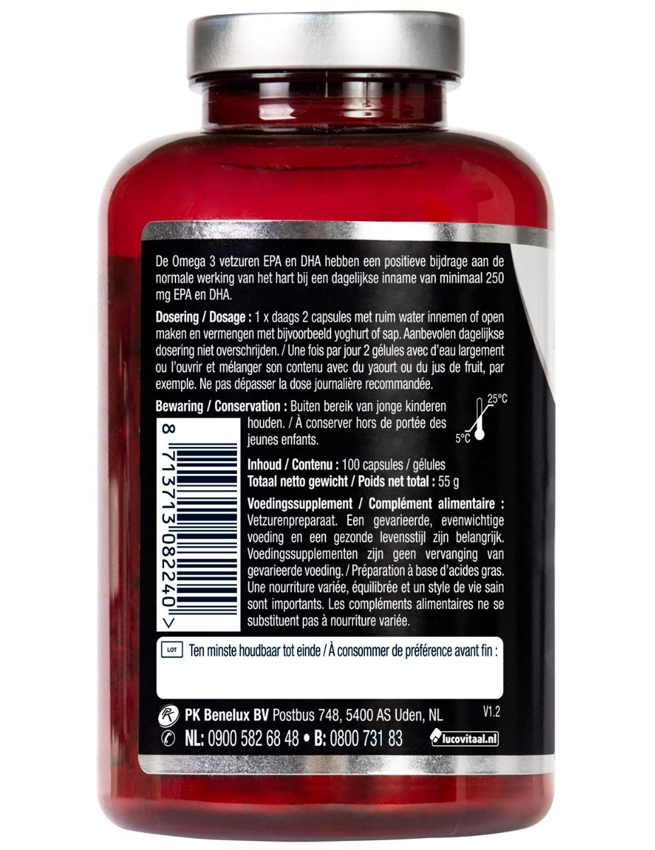 Rote Flasche mit 100 Omega-3-Kapseln, Etikett mit Dosierungs- und Inhaltsangaben.