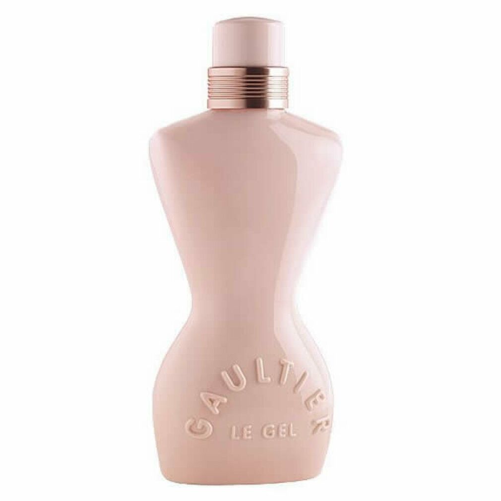 Rosa geformte Flasche. Form einer weiblichen Figur. Text: Gaultier, Le Gel.