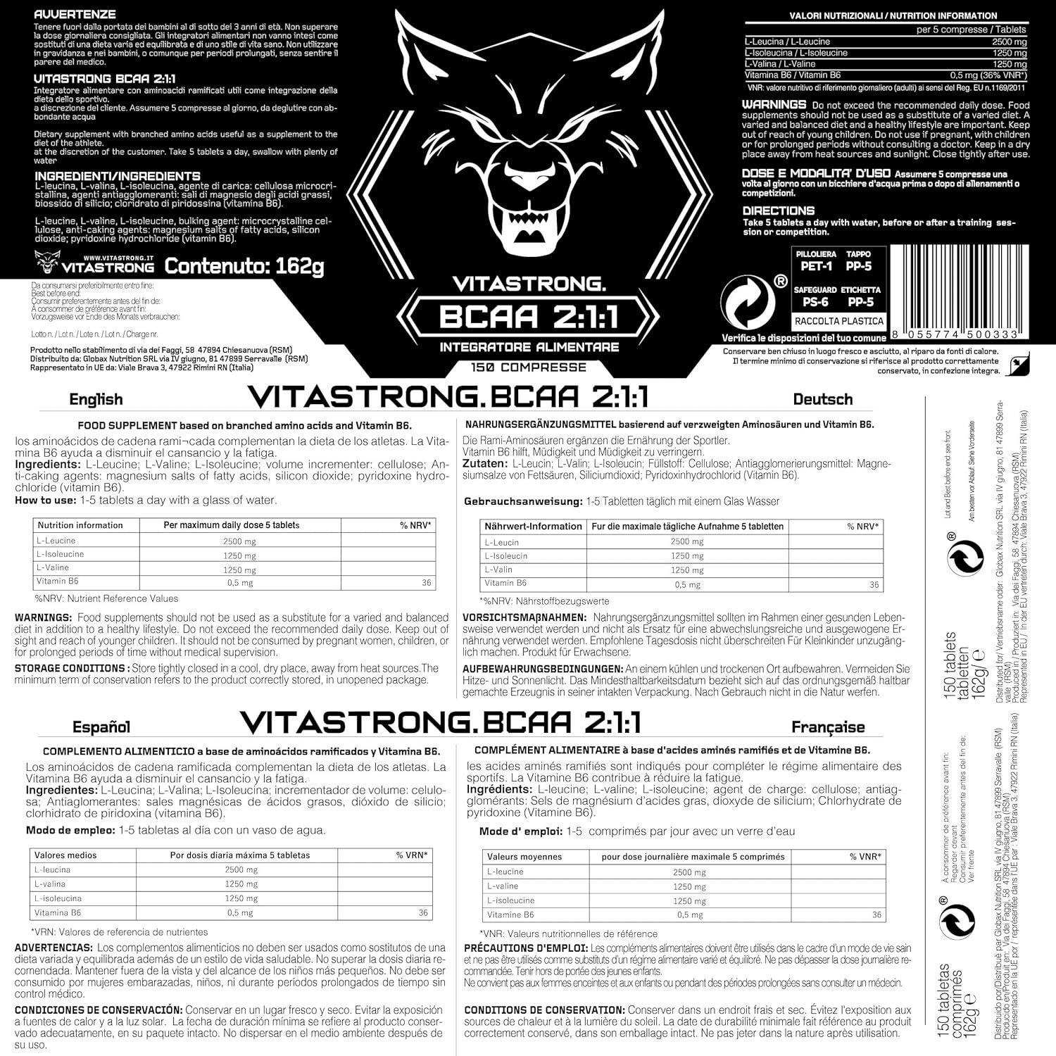 Vitastrong BCAA 2:1:1 Flasche und Tabletten. Rückseite der Flasche mit Inhaltsangaben. Schwarzer Hintergrund.