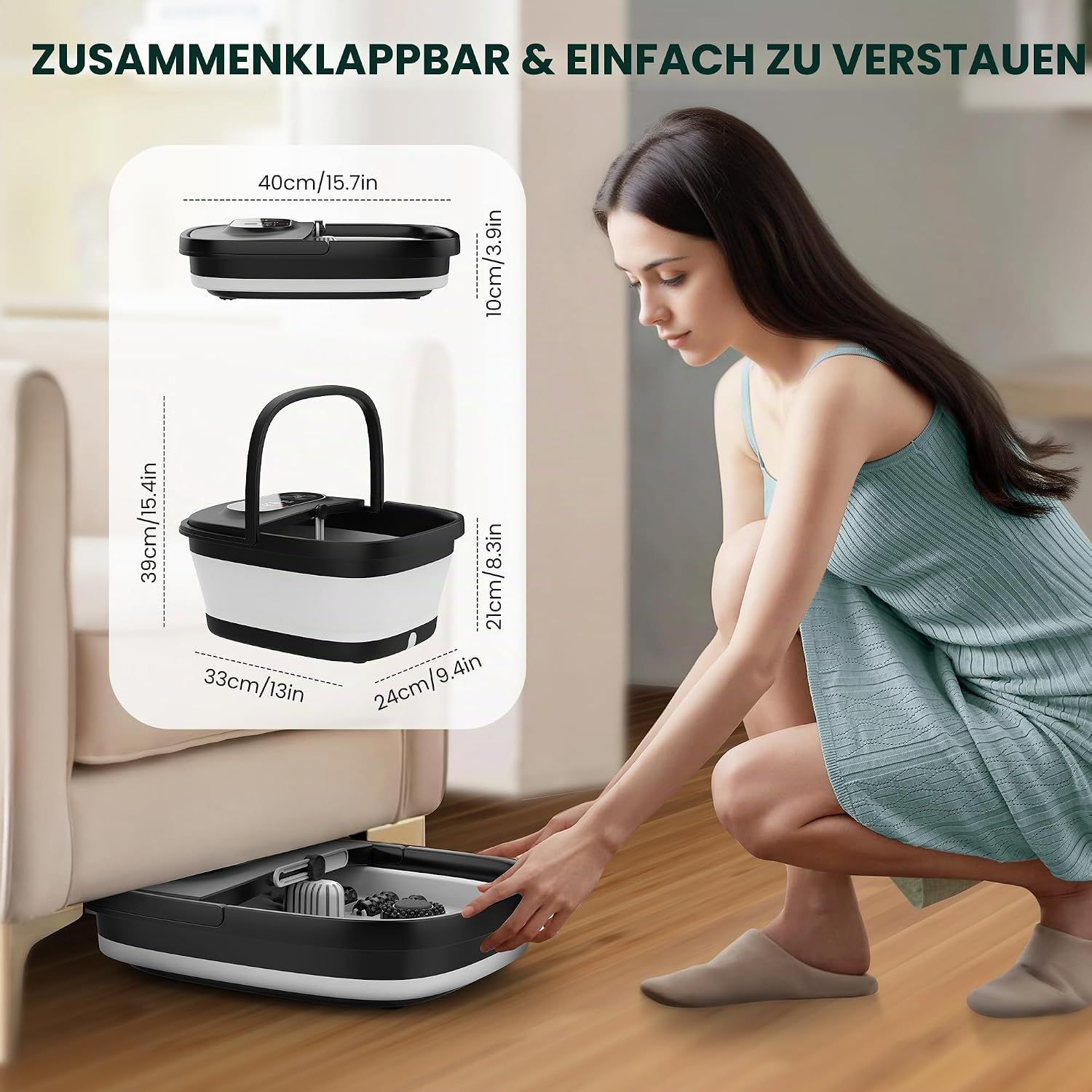 Vier Szenarien zur Anwendung eines Fußbades: langes Stehen, Plantarfasziitis, Schreibtisch/Homeoffice, kalte Füße.