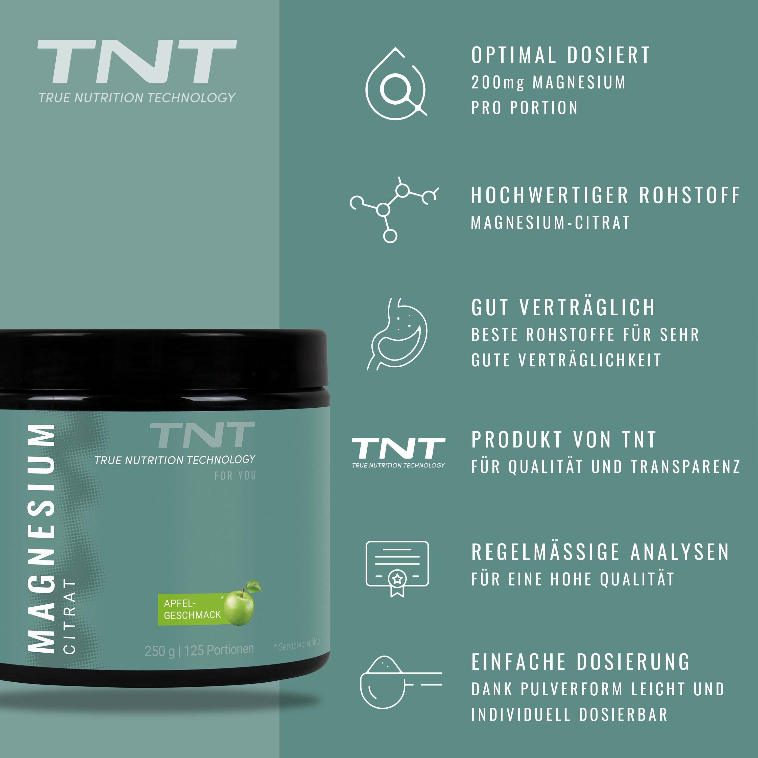 TNT Magnesium Citrat Dose, Apfel-Geschmack. 250g, 125 Portionen. Text: Optimal dosiert, 200mg Magnesium pro Portion. Hochwertiger Rohstoff.