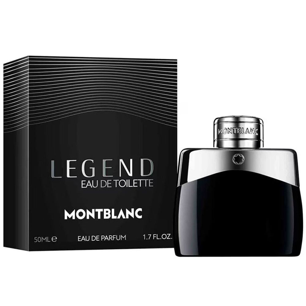 Schwarzer Flakon mit silberner Kappe und Verpackung. Aufschrift: LEGEND, MONTBLANC. 50ml, 1.7 FL.OZ.
