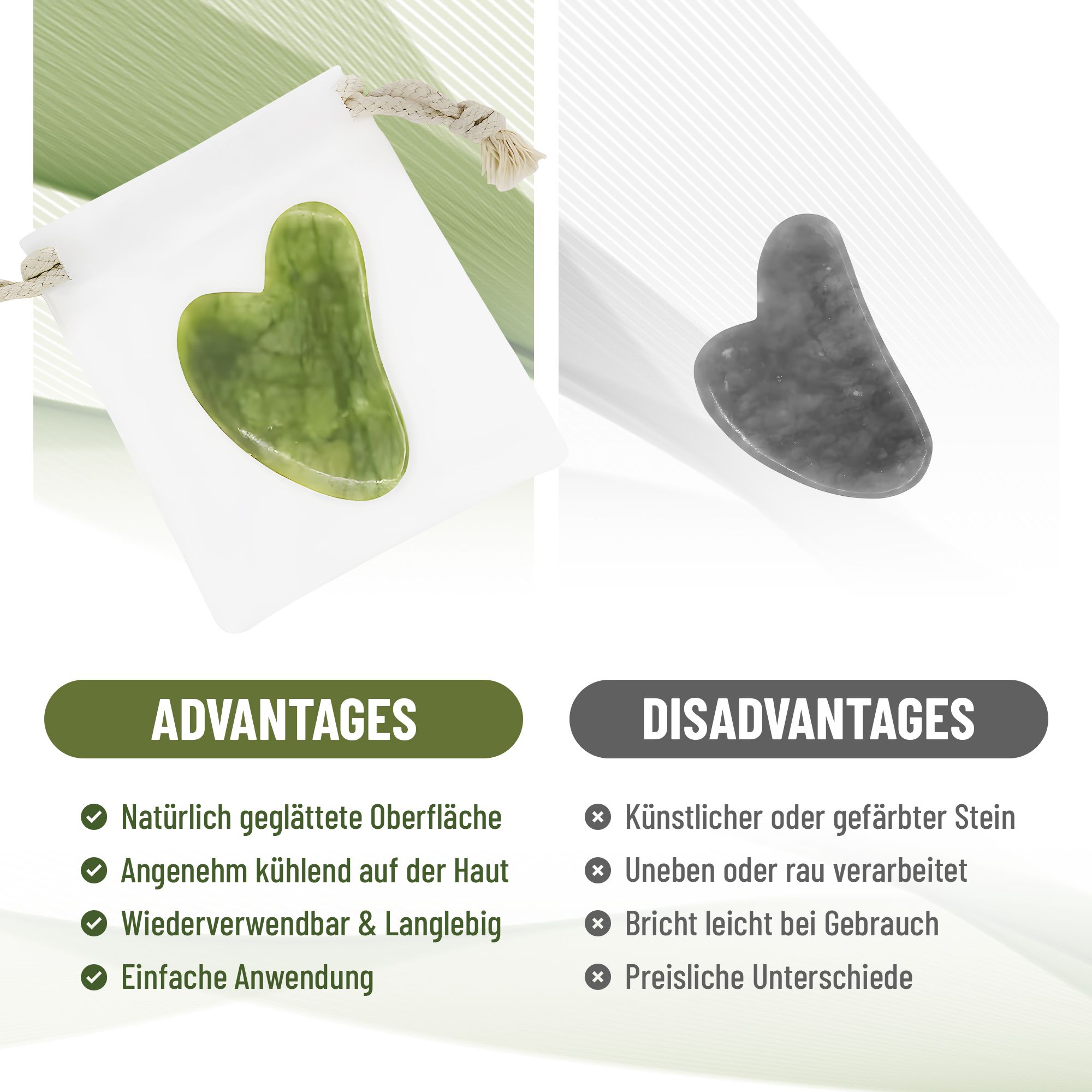 Gua Sha Stein in weißem Beutel. Vorteile: geglättete Oberfläche, kühlend, wiederverwendbar, einfache Anwendung. Nachteile: künstlicher Stein, rau, bricht leicht.
