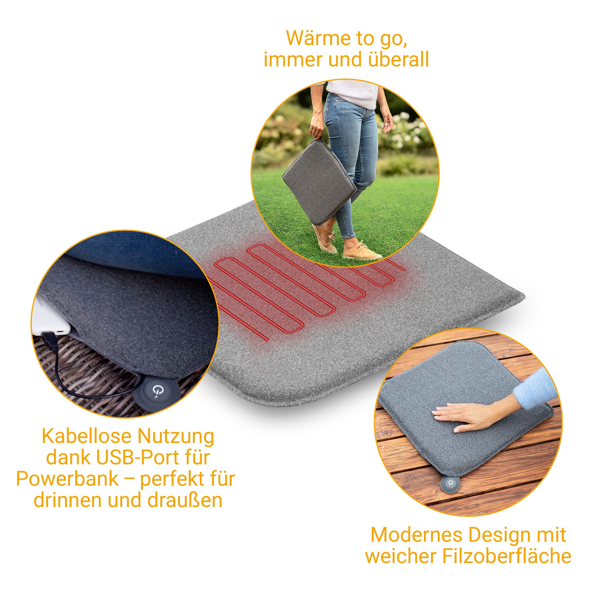 Graues Heizkissen mit roten Heizelementen, USB-Anschluss und Bedienknopf. Kleine Kreise zeigen Details.
