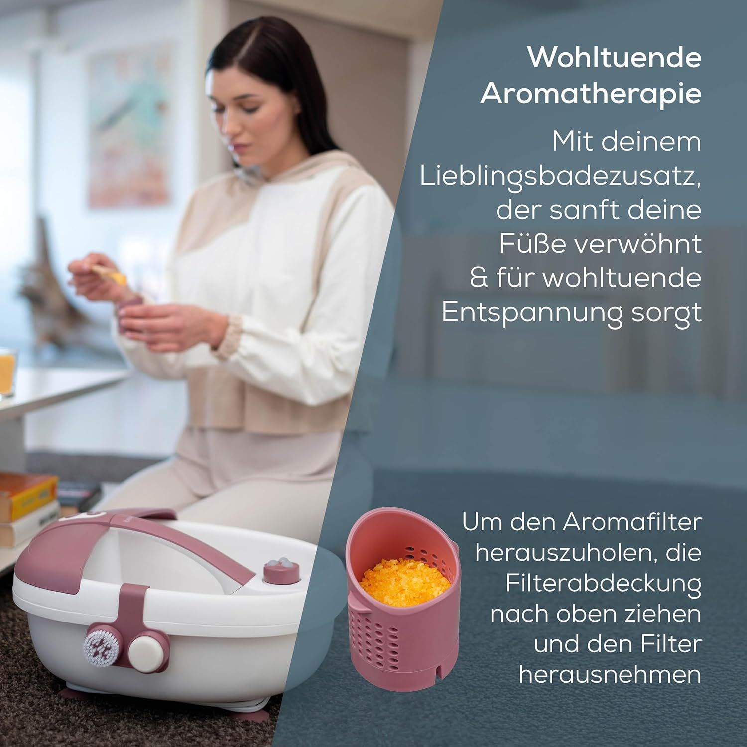 Fußsprudelbad mit Aroma-Filter. Rosa und weiß. Frau hält Aroma-Zusatz. Filterbehälter daneben.