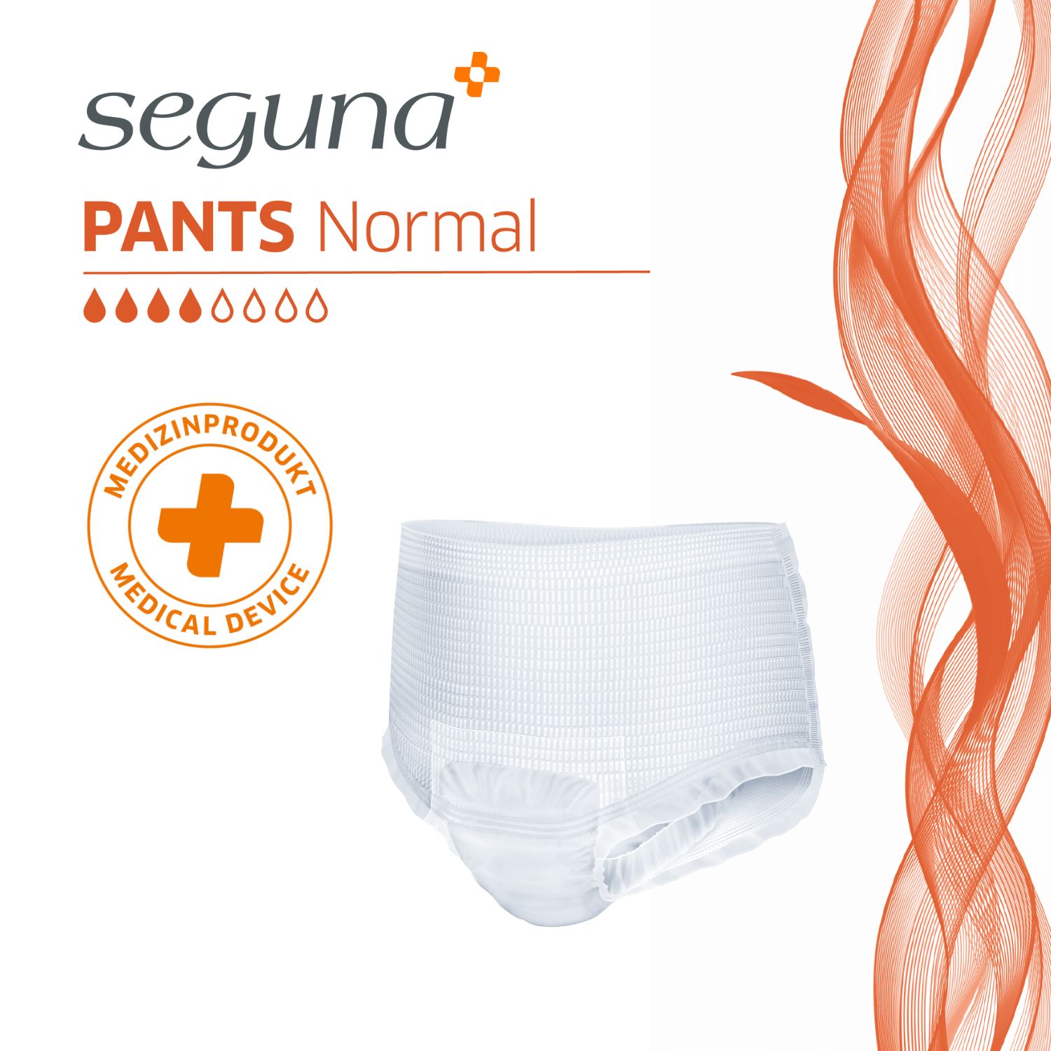 Weiße SEGUNA Pants. Medizinprodukt-Siegel. Produkt mit elastischen Beinabschlüssen.