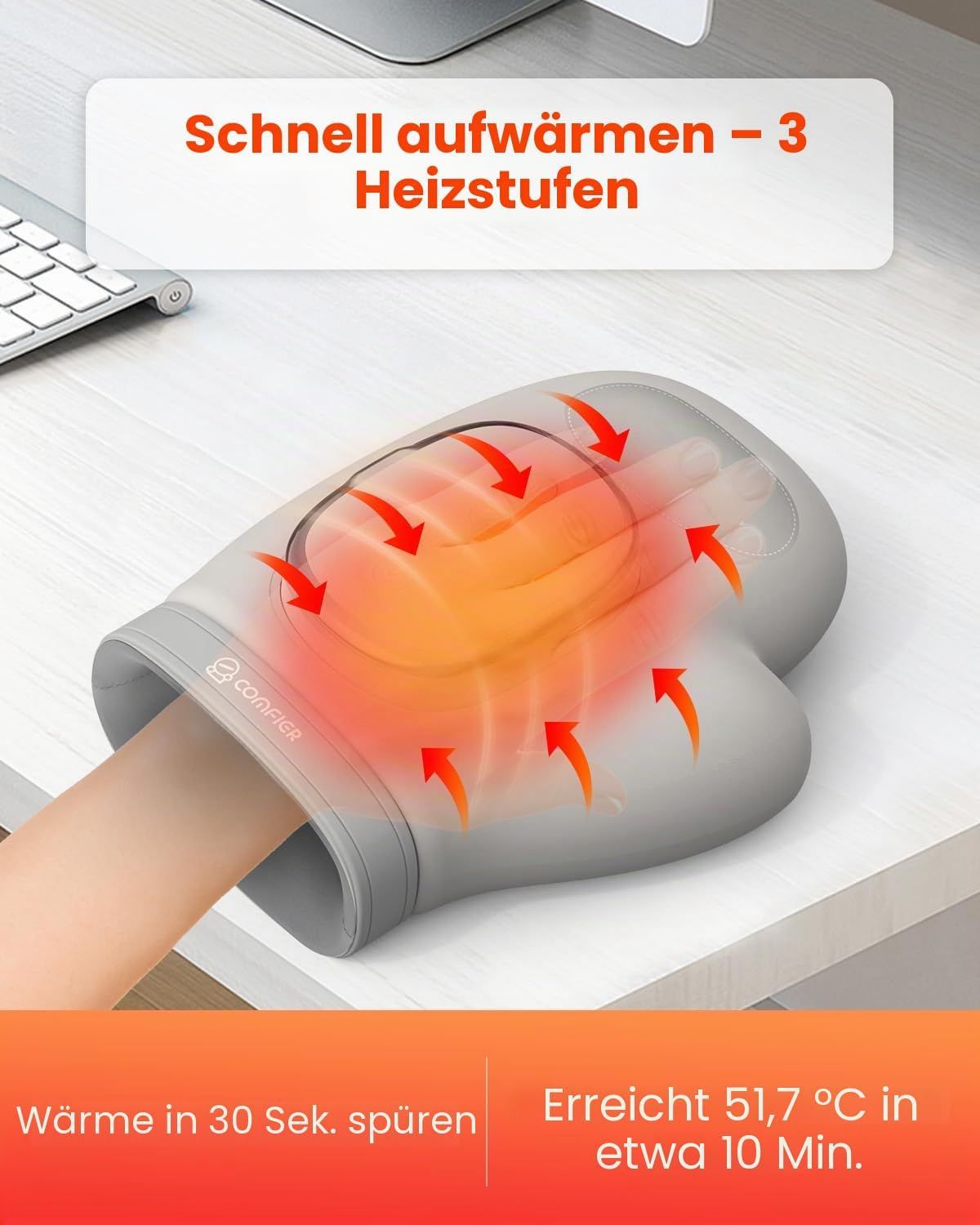 Graues Handmassagegerät mit 3 Heizstufen, erreicht 51.7°C in 10 Min.