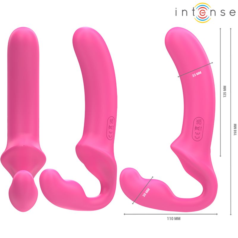 Drei Ansichten eines rosa, gebogenen Massagegeräts. Maße: 125 mm Länge, 33 mm Breite, 110 mm Basisbreite.