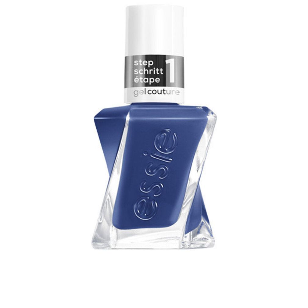Essie Gel Nagellack Couture. Blaue Nagellackflasche mit weißem Deckel. Aufschrift: step, Schritt, étape, gel couture.