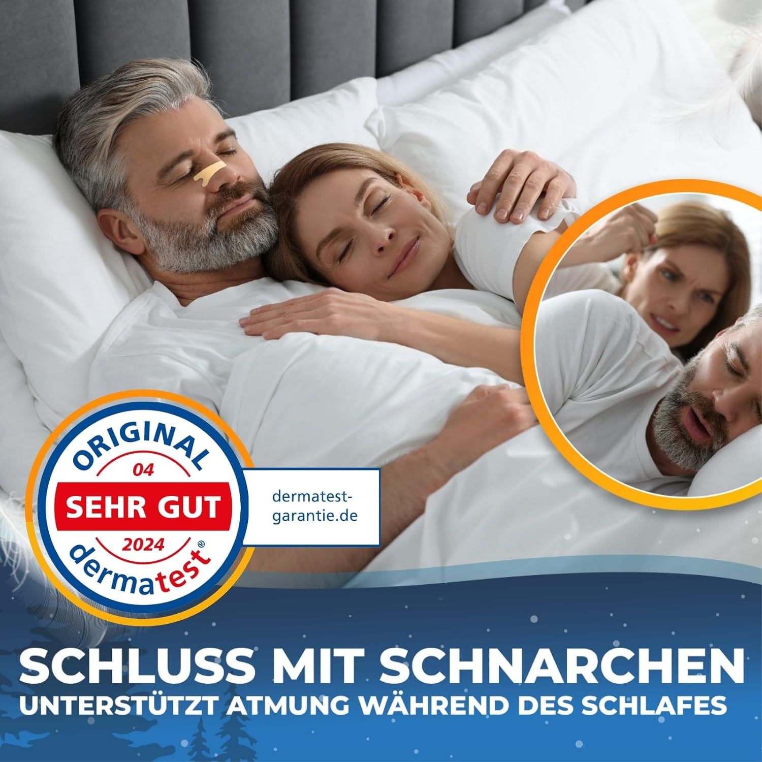 Paar schläft im Bett, Mann mit Nasenpflaster. Dermatest-Siegel. Text: Schluss mit Schnarchen, Unterstützt Atmung während des Schlafes.