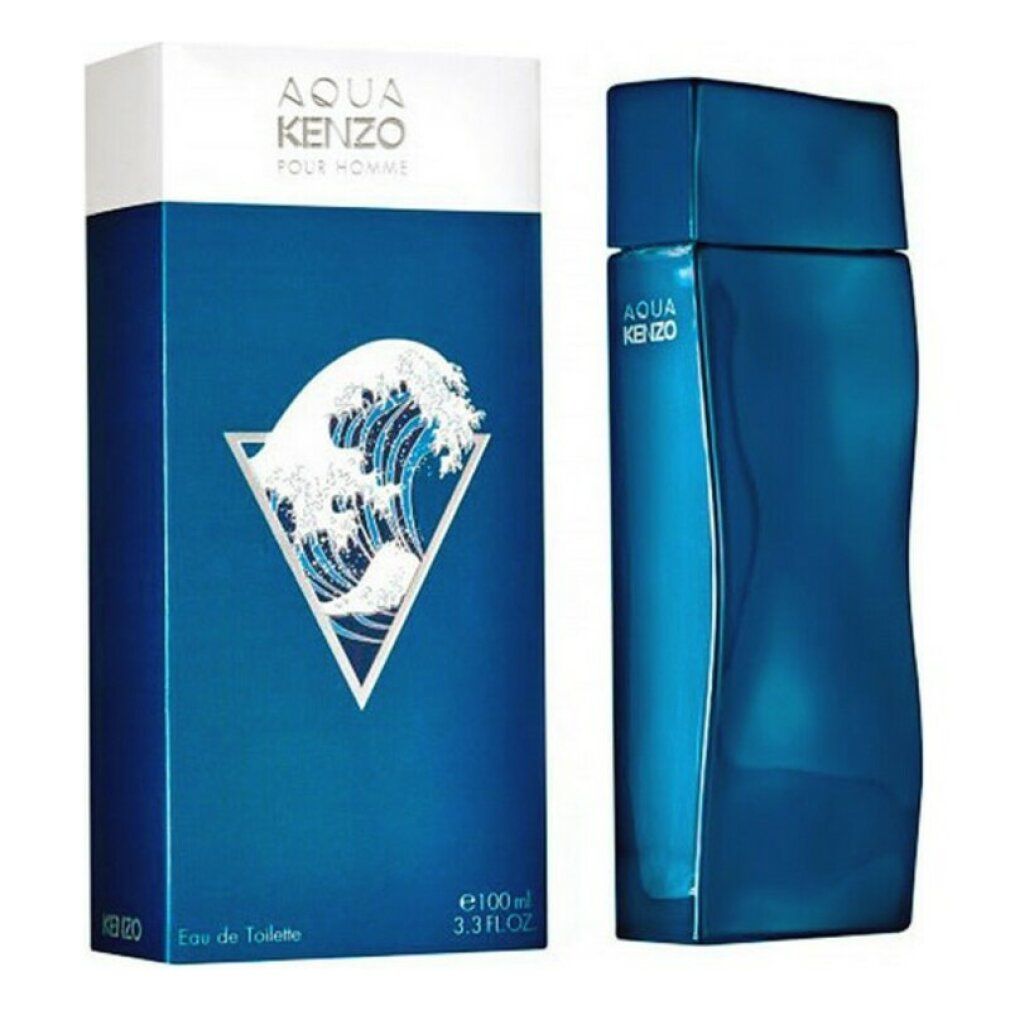 Blauer Flakon und Verpackung. Aufschrift: AQUA KENZO POUR HOMME.