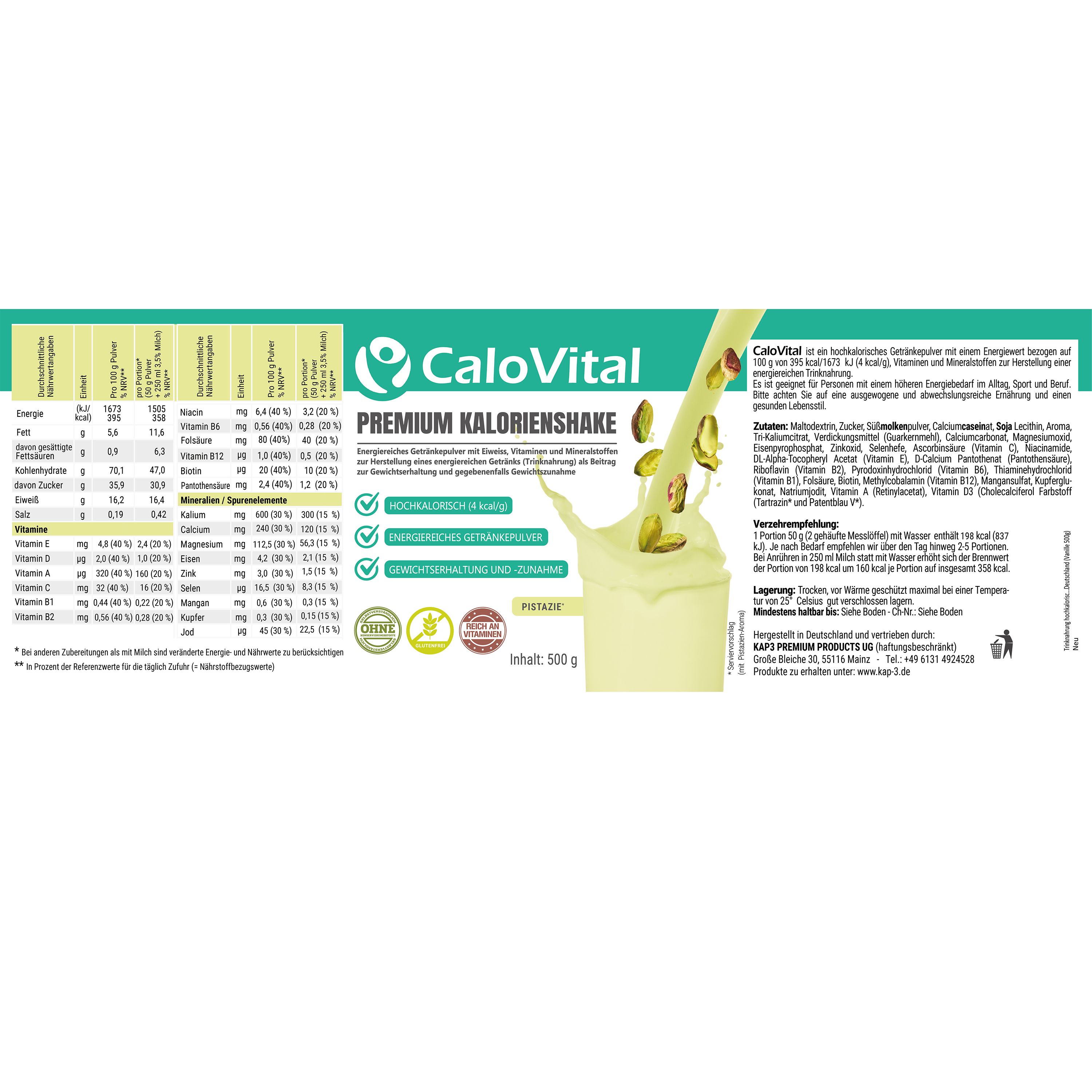 Produktetikett mit Nährwertangaben und Inhaltsstoffen. CaloVital-Logo. "Premium Kalorienshake". Pistaziengeschmack. 500g.