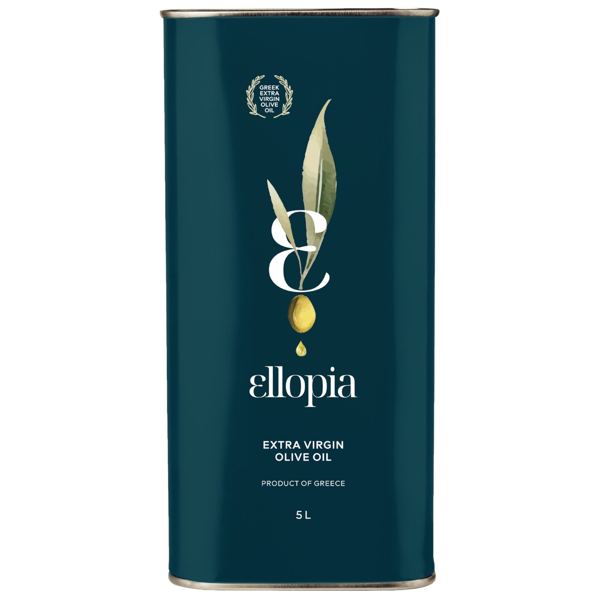 Dunkelgrüne Dose mit Ellopia Logo, 'Extra Virgin Olive Oil' und 5L Angabe. Produkt aus Griechenland.