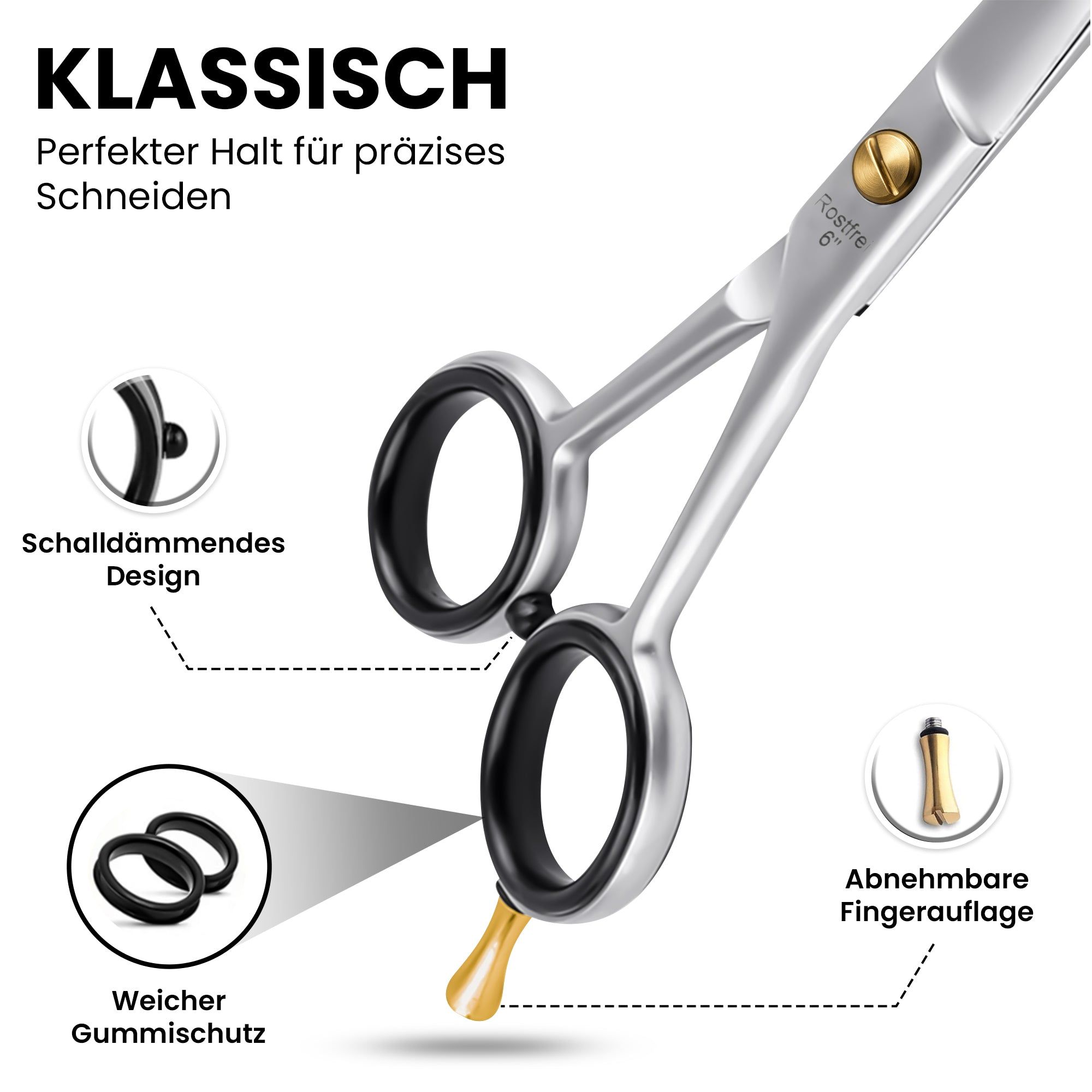 Friseurschere mit schwarzen Griffen und goldfarbener Schraube. Detailansicht mit Beschriftungen. Text: "Klassisch".