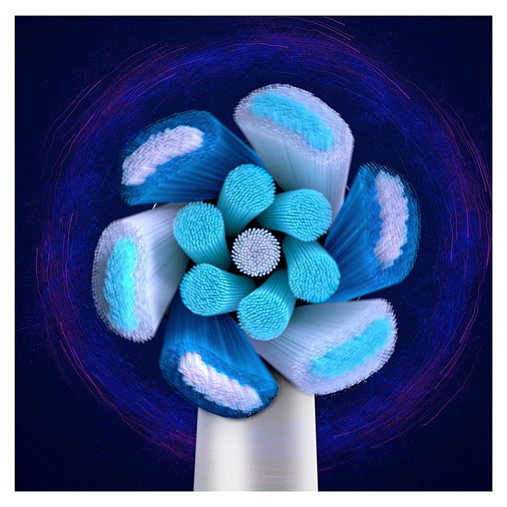 Draufsicht auf einen Oral-B iO Aufsteckbürstenkopf mit blauen und weißen Borsten.