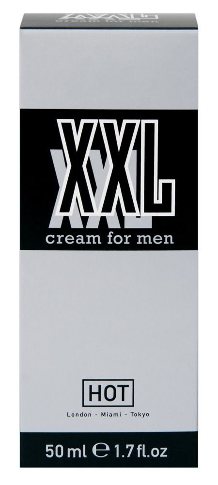 Graue Schachtel mit schwarzem Deckel. Aufschrift XXL cream for men. Unten HOT und 50ml 1.7 fl.oz.
