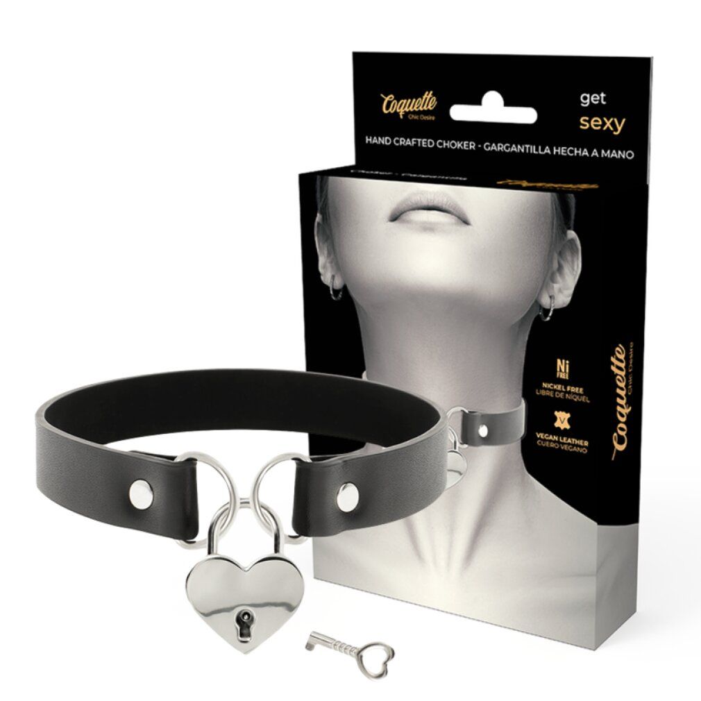 Schwarzes Lederhalsband mit Herzschloss und Schlüssel. Verpackung mit Produktabbildung.