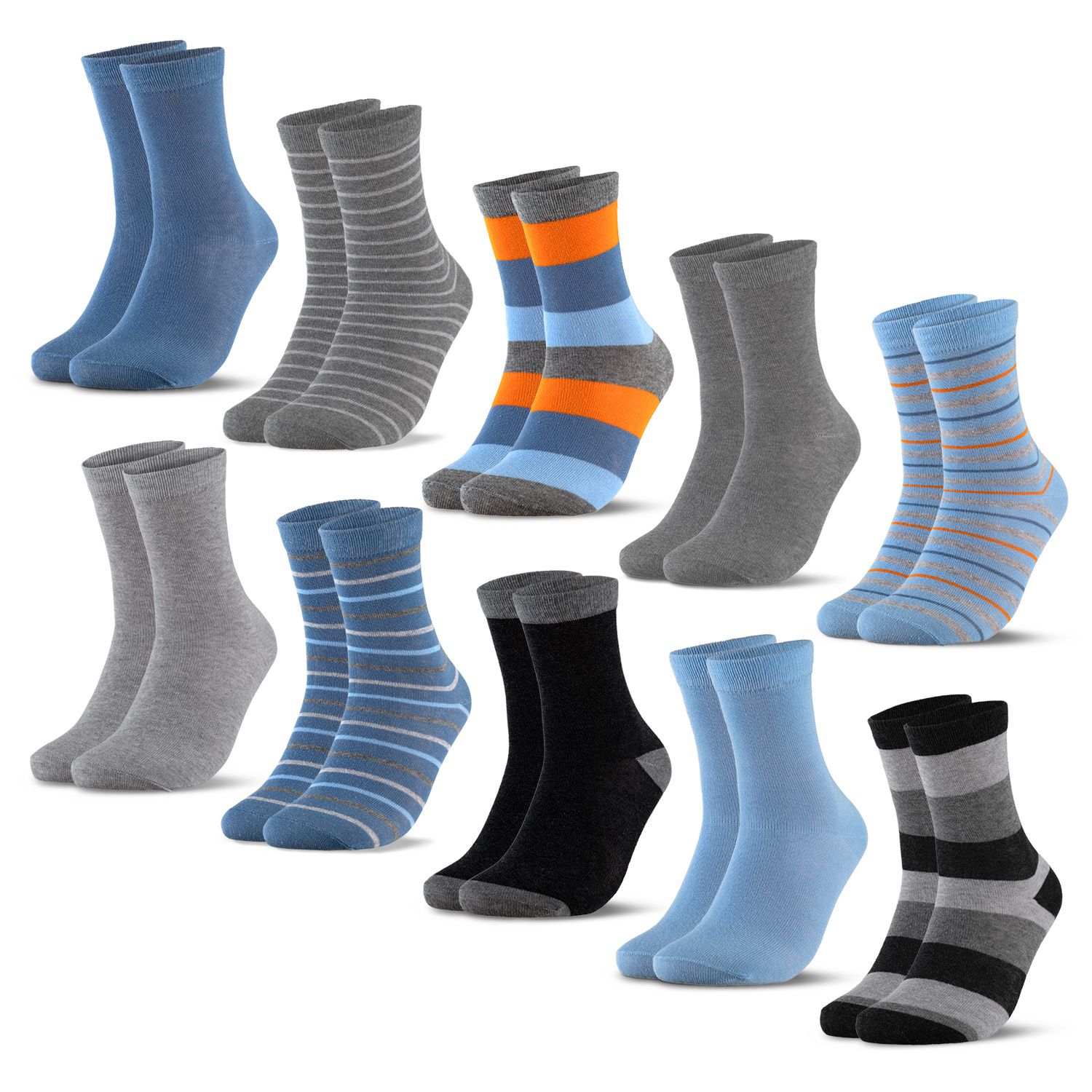 Mehrere Paare bunter Socken mit verschiedenen Streifenmustern und Farben. Einzelne Sockenpaare.