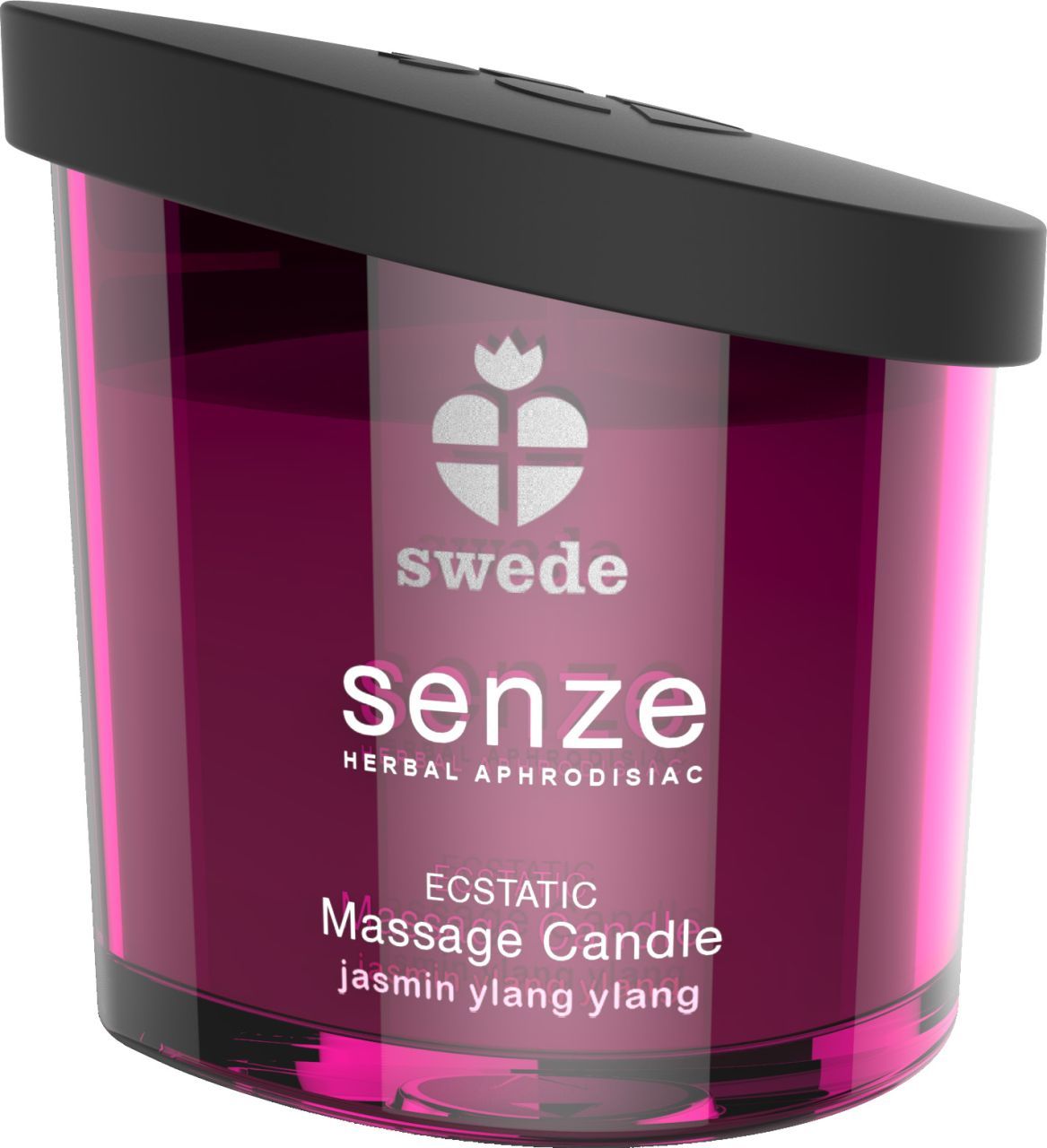 Massagekerze mit schwarzem Deckel. Aufschrift: swede, senze, Herbal Aphrodisiac, Ecstatic Massage Candle, Jasmin Ylang Ylang.