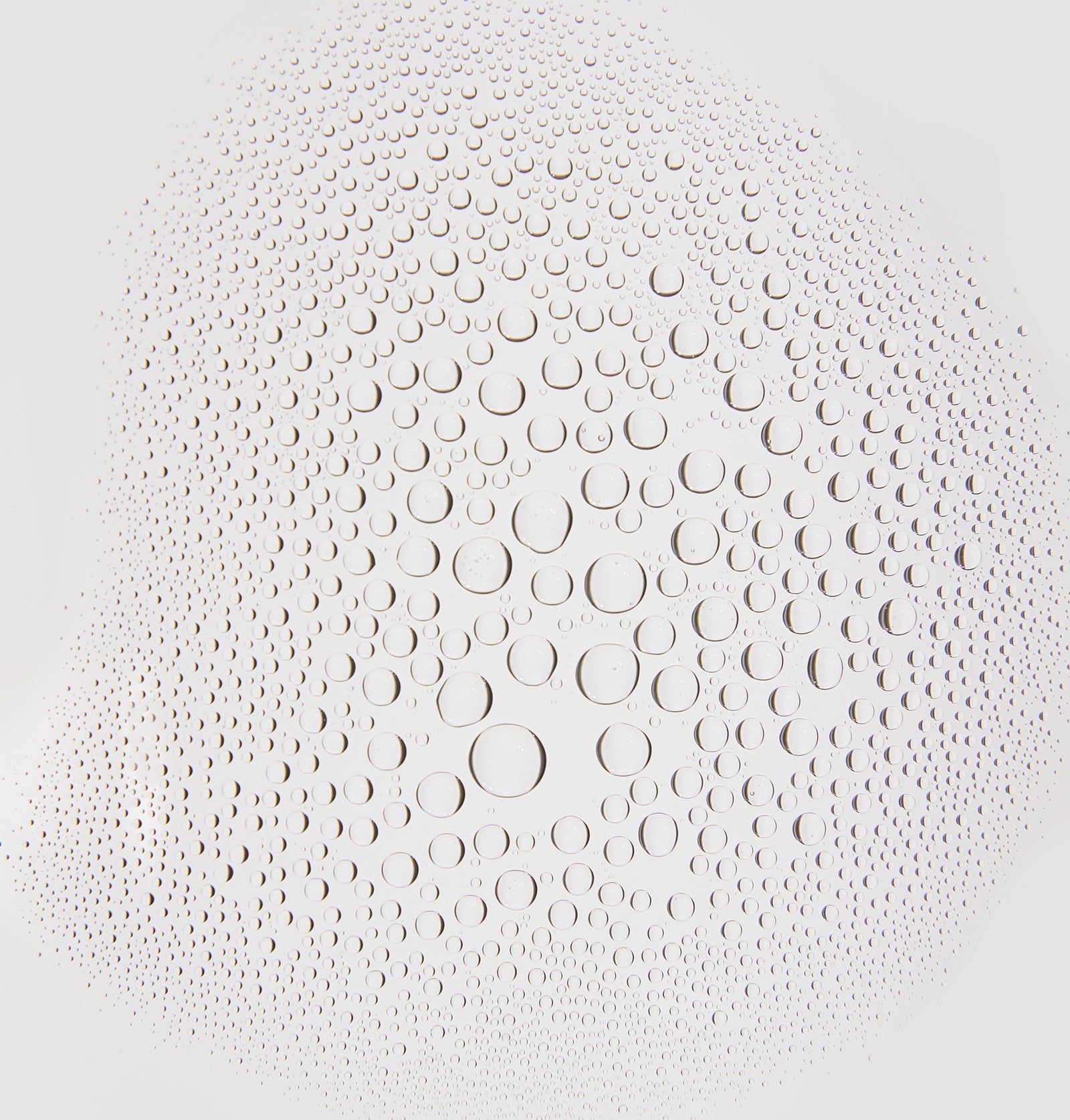 Nahaufnahme von Wassertröpfchen. Runde, klare Tröpfchen auf weißem Hintergrund.