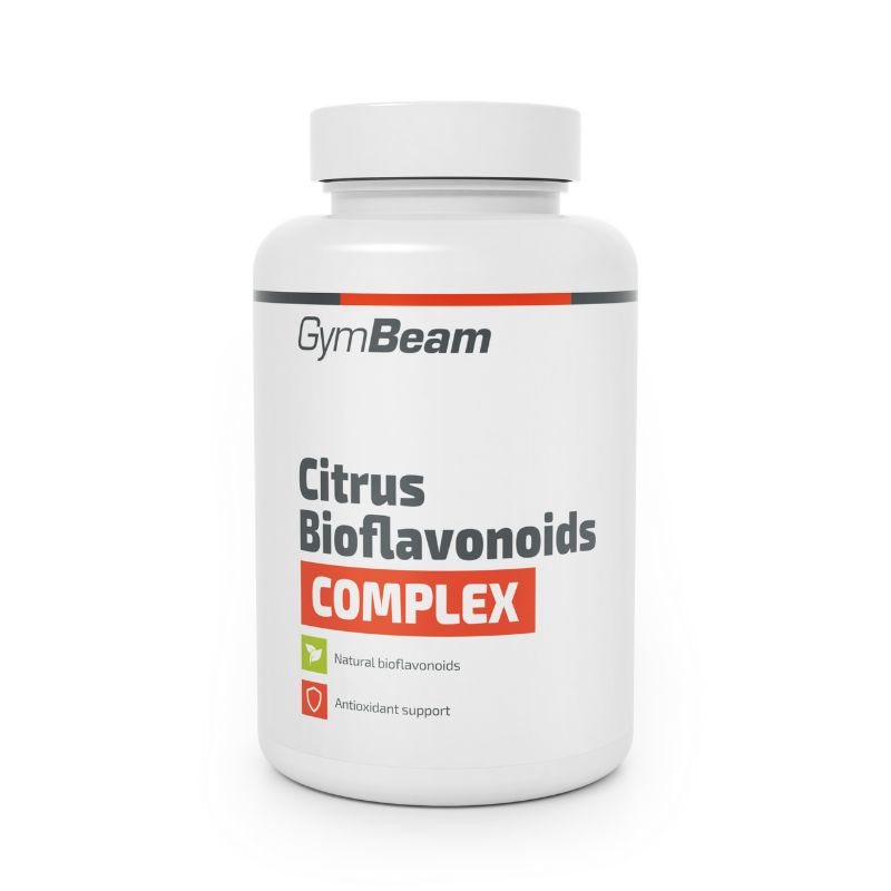 GymBeam Citrus Bioflavonoids COMPLEX Kapseln: Weißer Behälter mit rotem und schwarzem Etikett. Enthält natürliche Bioflavonoide und Antioxidantien.