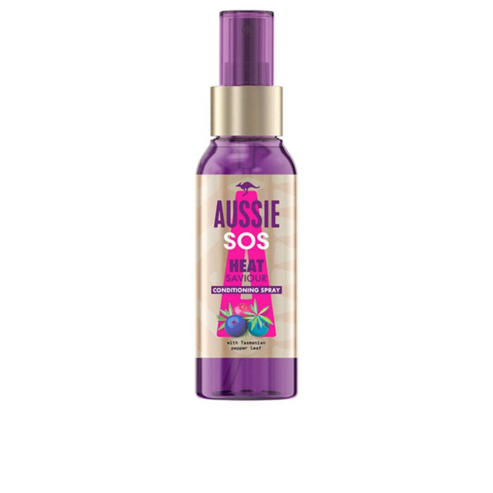 Lila Sprühflasche mit goldfarbenem Hals und Pumpspender. Etikett mit 'Aussie SOS Heat Saviour Conditioning Spray'.
