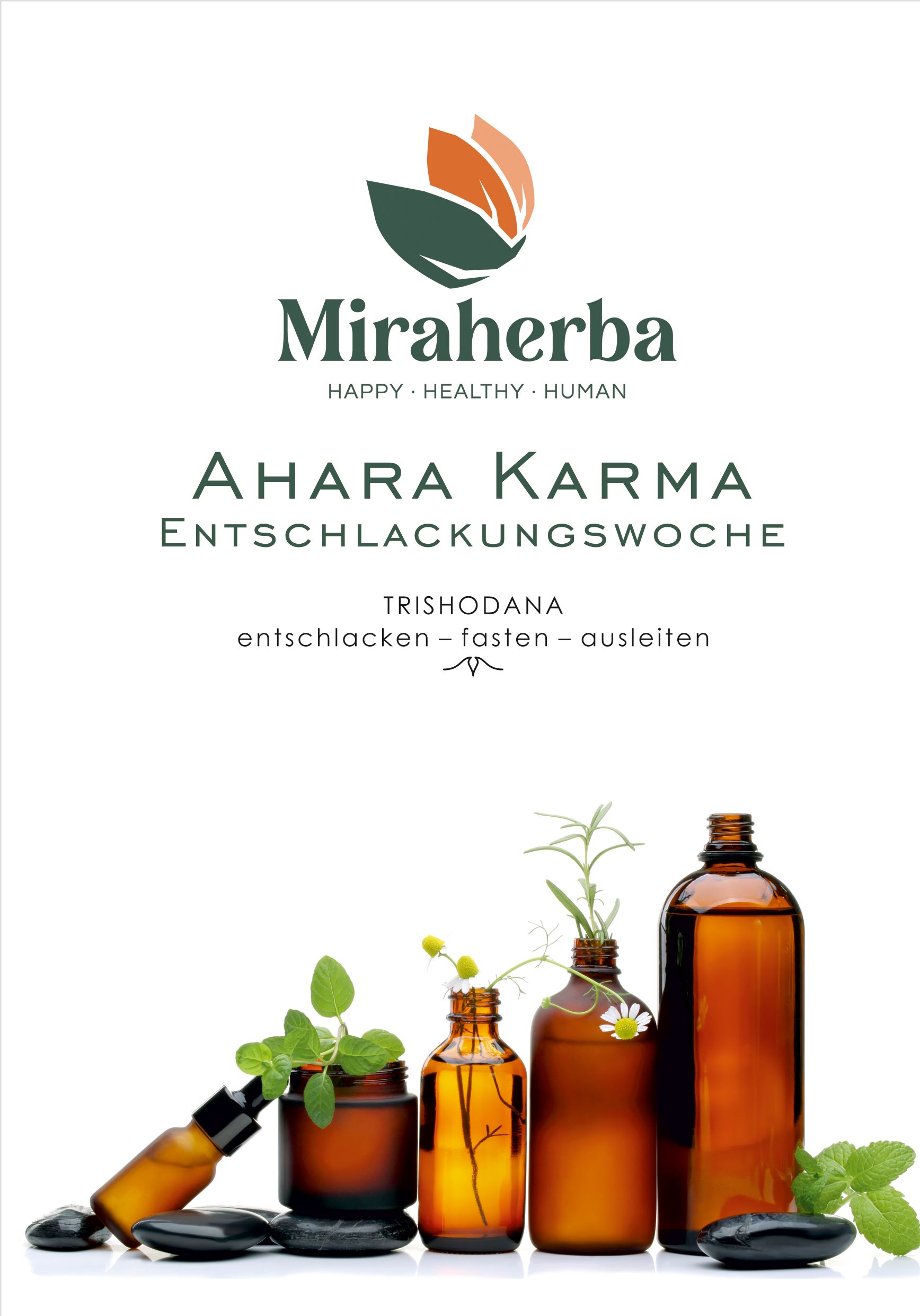 Miraherba-Logo und Produktnamen. Braune Glasflaschen und Kräuter auf weißem Hintergrund.
