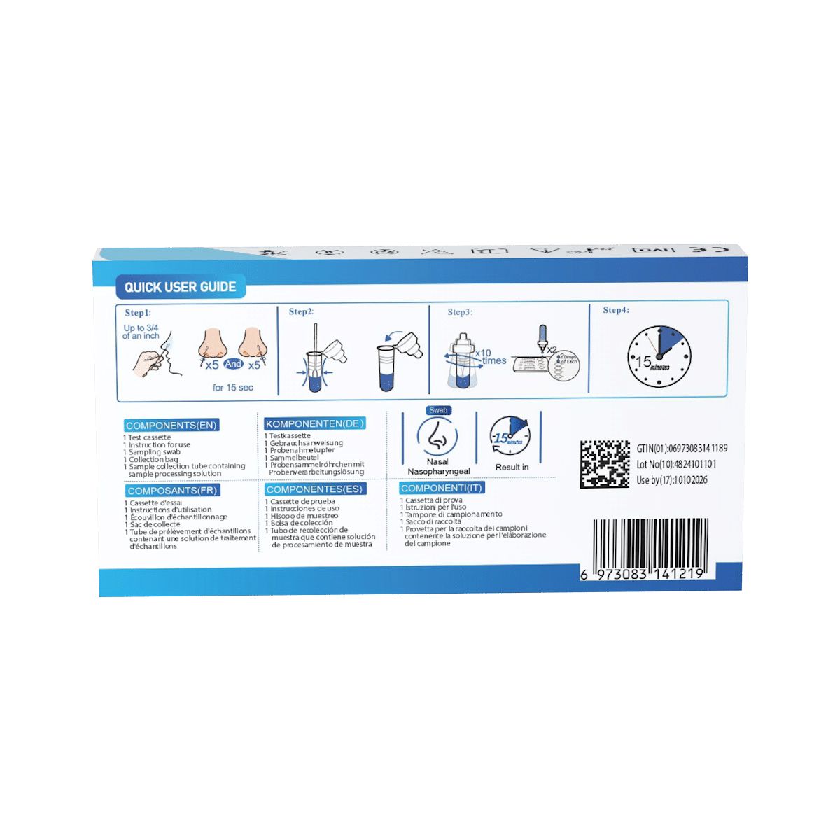 Verpackung mit grafischen Anweisungen und Komponentenliste. QR-Code und Chargennummer. Blaue und weiße Farbgebung.