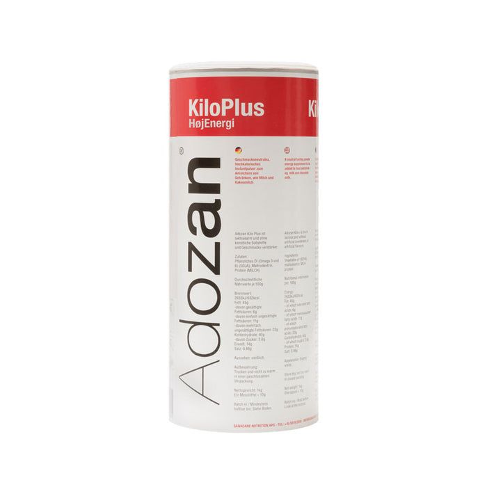 Zylindrische Dose KiloPlus HejEnergi. Roter Deckel, weißer Korpus mit Produktinformationen und dem Schriftzug Adozan.