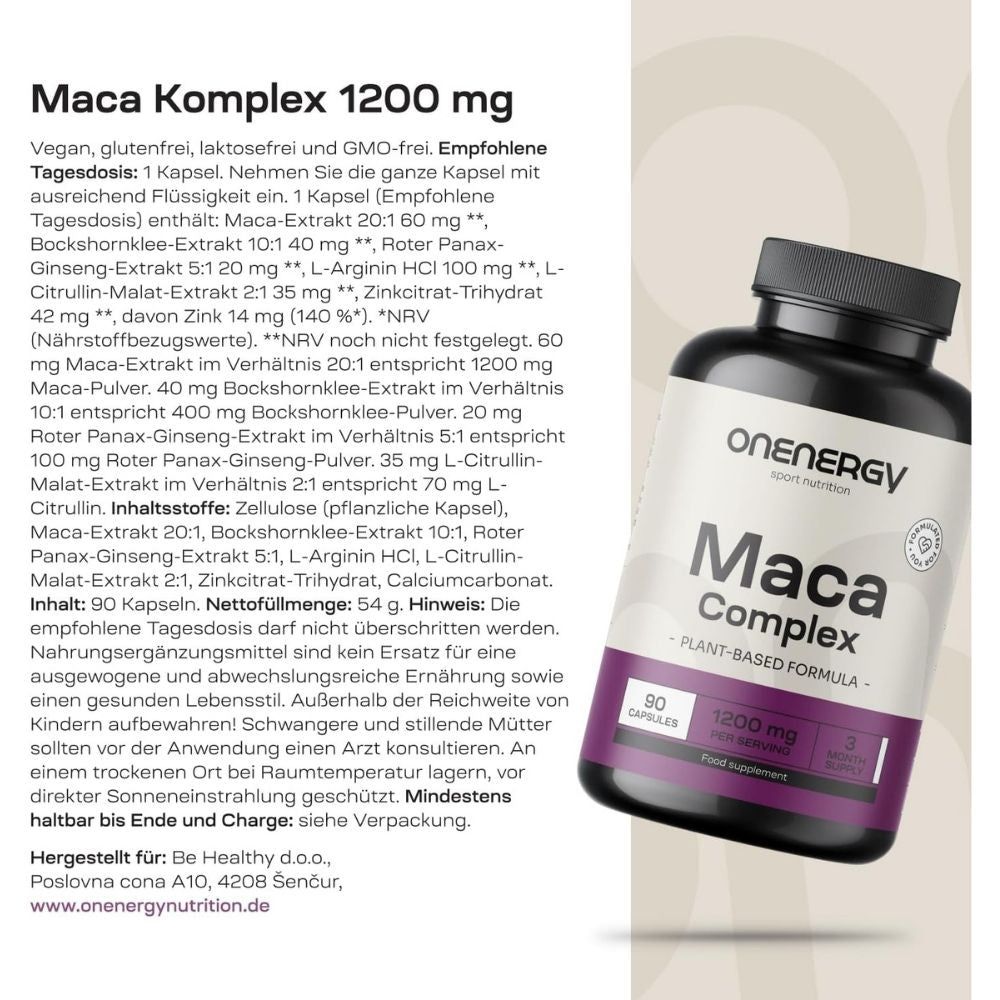 Flasche Maca Komplex 1200 mg, detaillierte Inhaltsstoffliste.