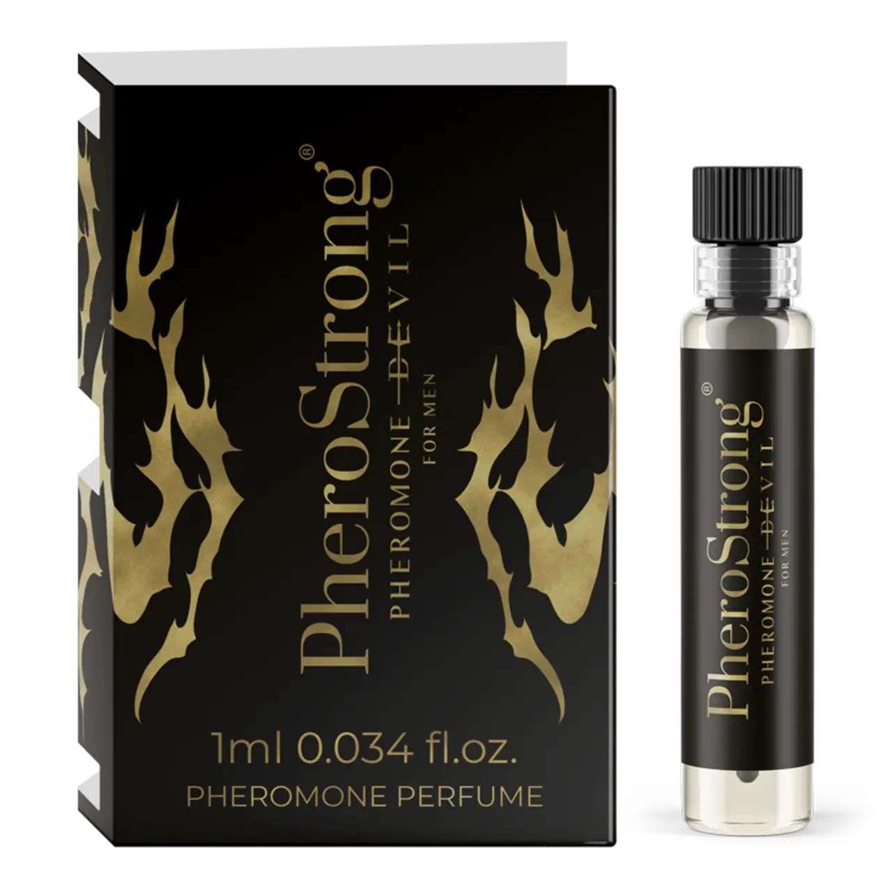 Schwarze Schachtel und Flakon. Aufschrift PheroStrong, Pheromone Devil für Männer. 1ml. Pheromon-Parfüm.