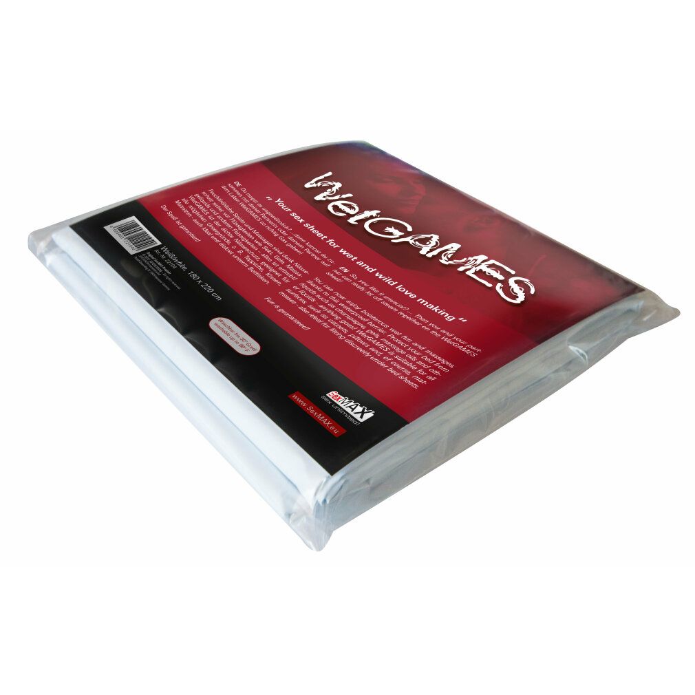 Sex-Laken in Folienverpackung. Aufdruck: WetGAMES, Text in Deutsch und Englisch. Größe: 180 x 220 cm. Marke SexMAX.